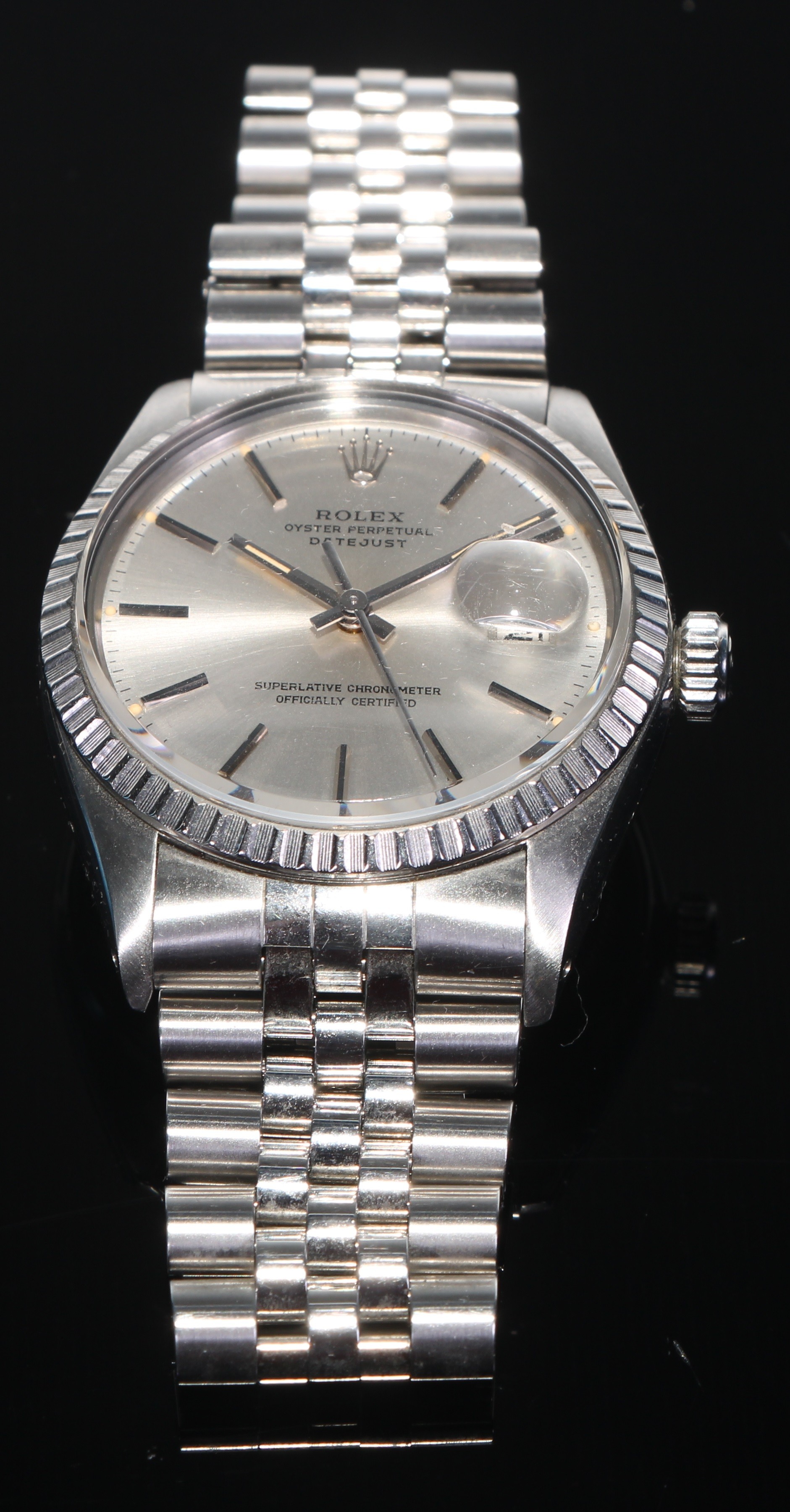 A Rolex stainless steel Oyster Perpetual Datejust gentleman's wristwatch, the silvered dial with baton markers, crown at 12 and date aperture at 3, stainless steel jubilee bracelet with folding clasp