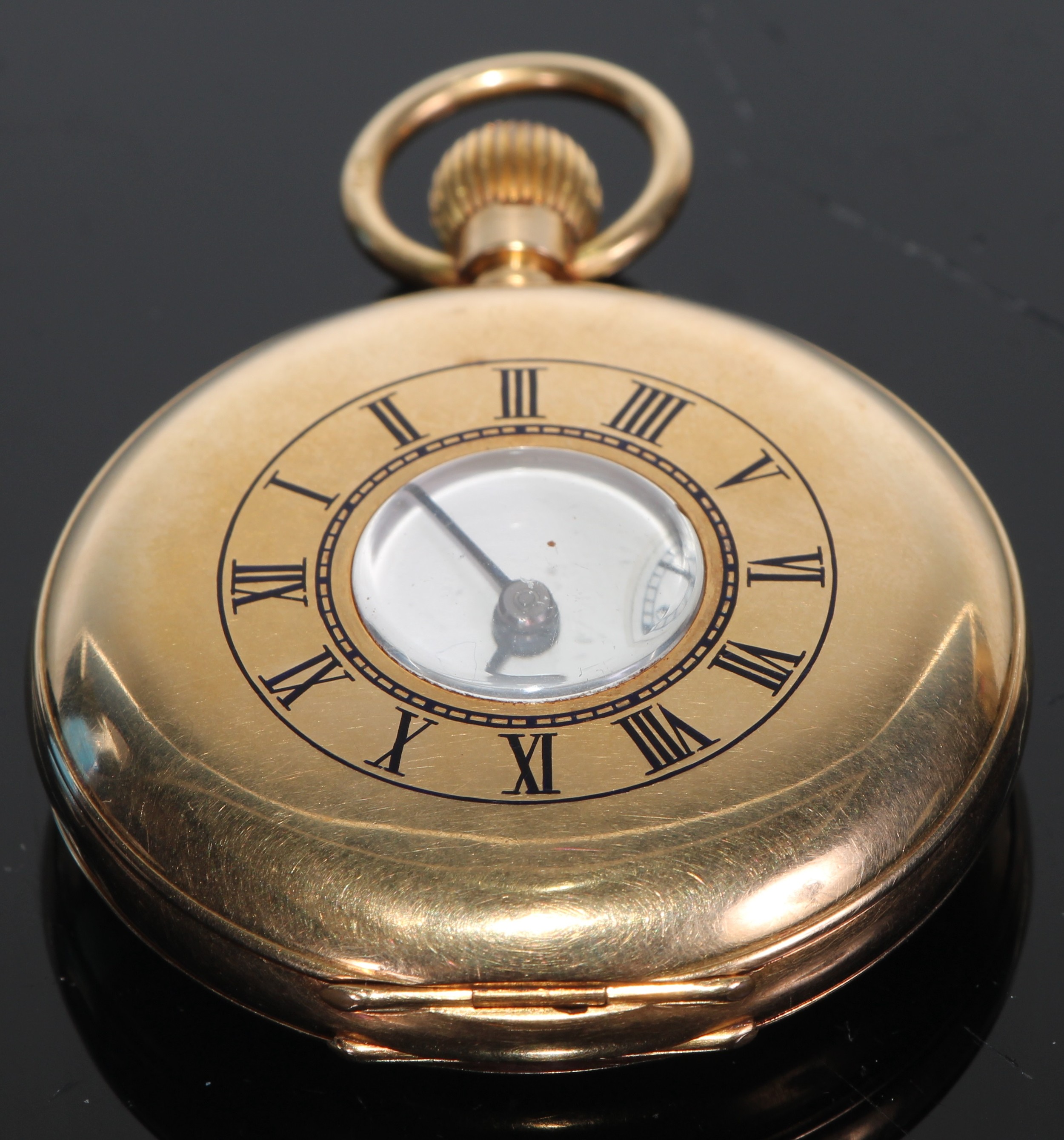 An 18ct gold half-hunter pocket watch, 4cm enamel dial inscribed J W Benson, keyless movement, 7cm over loop, London 1936, 102g gross