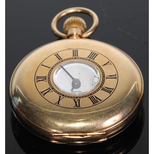 An 18ct gold half-hunter pocket watch, 4cm enamel dial inscribed J W Benson, keyless movement, 7cm over loop, London 1936, 102g gross