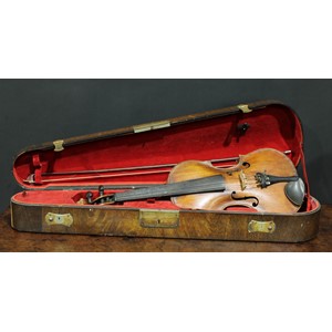 A violin, the two-piece back 35.75cm long excluding button, rosewood tuning pegs, outlined throughout with purfling, 59.5cm long overall, the bow unsigned, 73.5cm long, cased