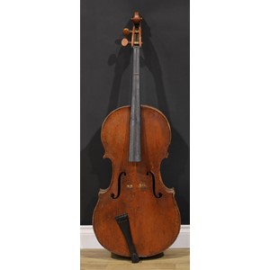 A cello, the two-piece back 74cm excluding button, boxwood tuning pegs, outlined throughout  with purfling, 120cm long overall