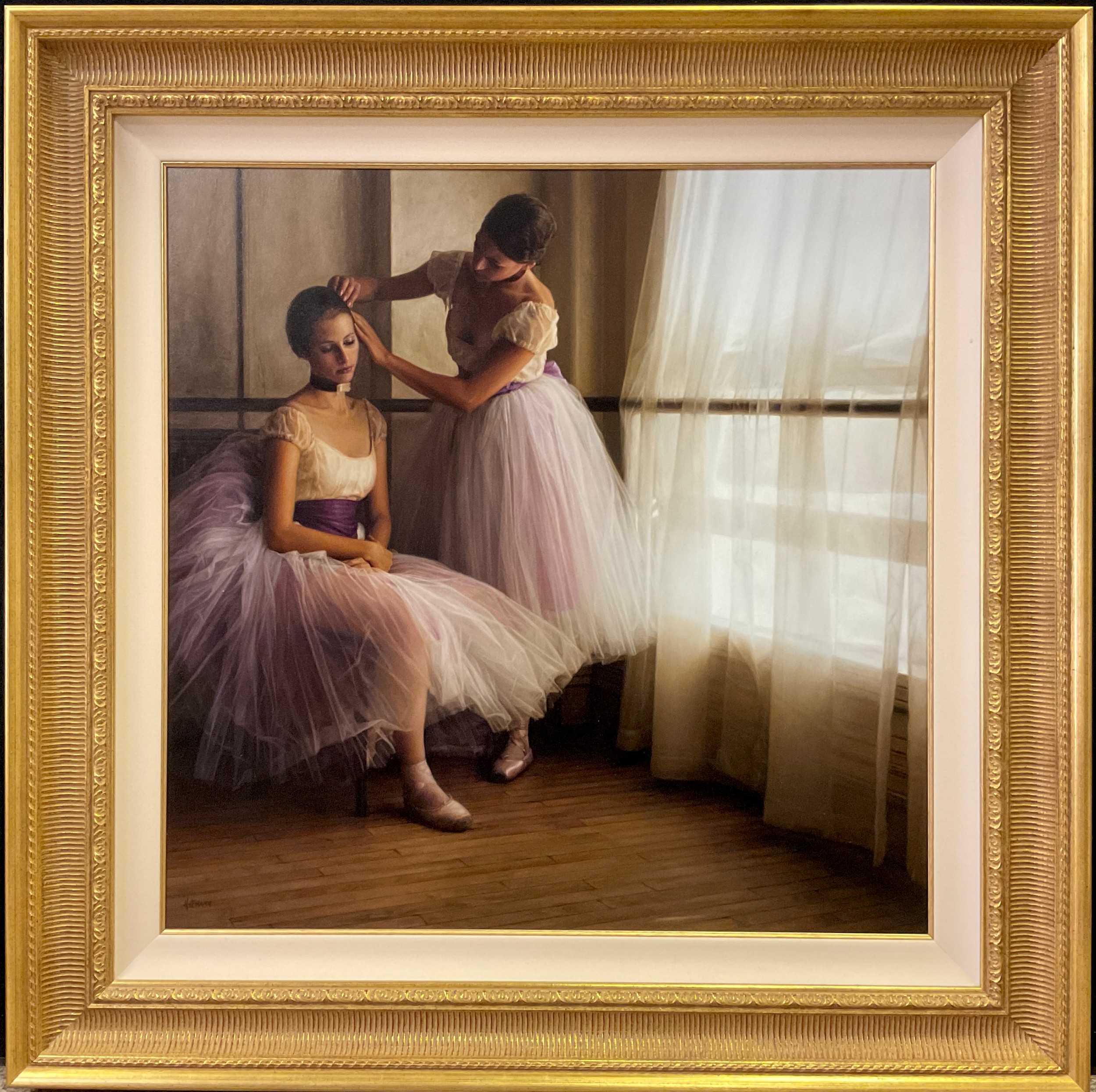 Douglas Hofmann (American, bn. 1945)  Final Touch, The Dancers before the Ballet signed, oil on board, 76.5cm x 76.5cm (107cm x 107cm frame size).   Provenance - Exhibited at the Birmingham Museum & Art Gallery, March 2000, as part of the Douglas Hofmann exhibition ‘Light & Grace’. Original purchase receipt for £35000, Phoenix Art Gallery at Selfridges, November 1996. The painting was executed in 1989, as illustrated in the signed Retrospective Exhibition catalogue included. (2).