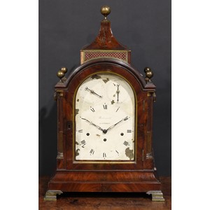 A large George III mahogany musical repeating bracket clock, 20cm arched painted dial inscribed Underwood, London, Roman numerals, regulation and Repite/Silencio setting dials to arch, triple-winding holes, fusee movement striking on a bell and chiming on a nest of eight bells, engraved backplate, the pagoda top case with brass ball finials and stop-fluted quarter-columns, brass bracket feet, 67cm high, c.1800