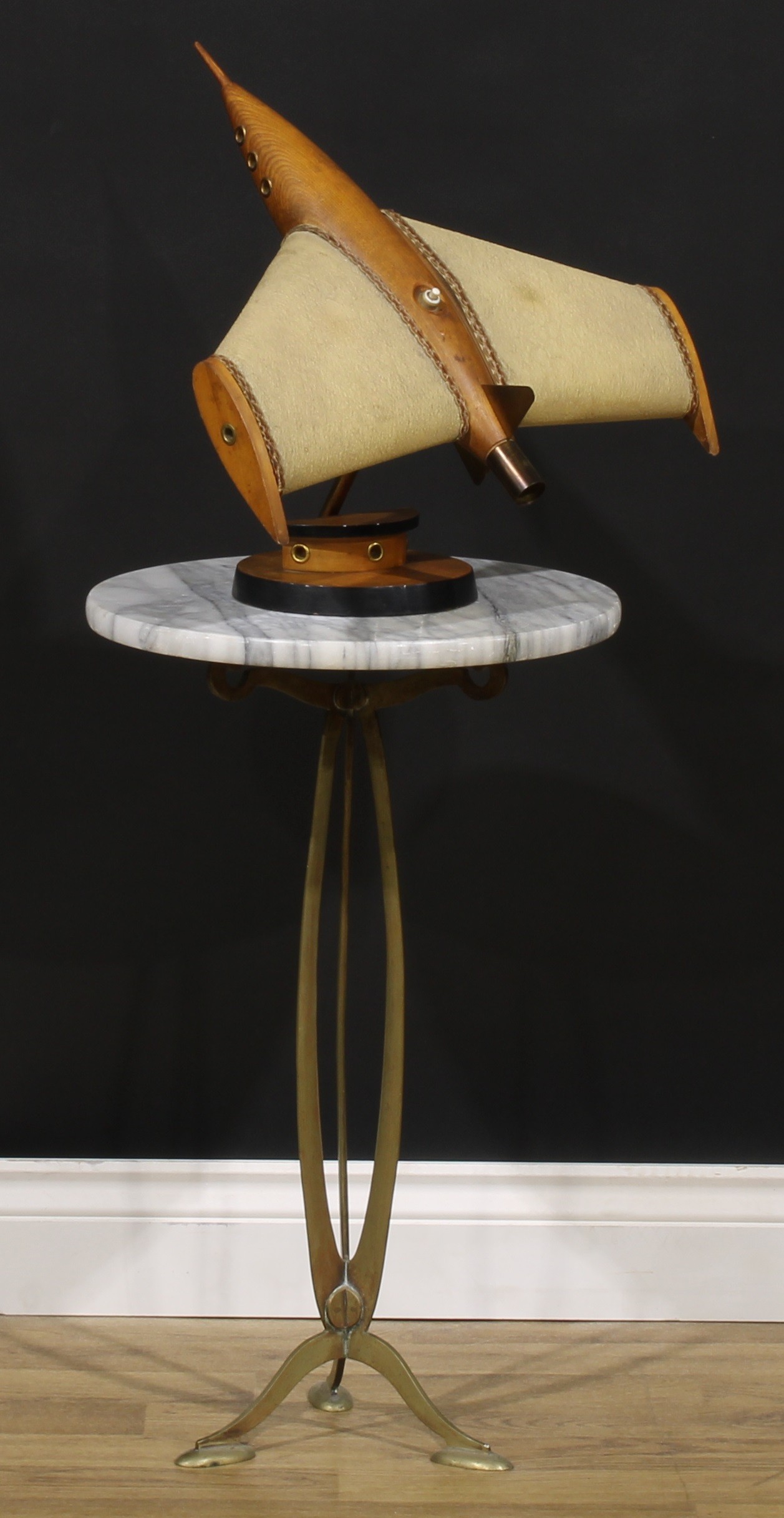 An Art Nouveau brass lamp table, circular marble top, organic frame, 62cm high, 38cm diameter