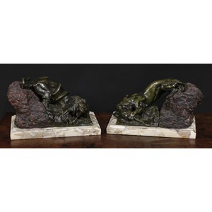 Continental School, 19th century, a pair of patinated bronze and stone sculptures, Combat, a lion in battle with a snake, a lioness with kill, marble bases, 31cm wide