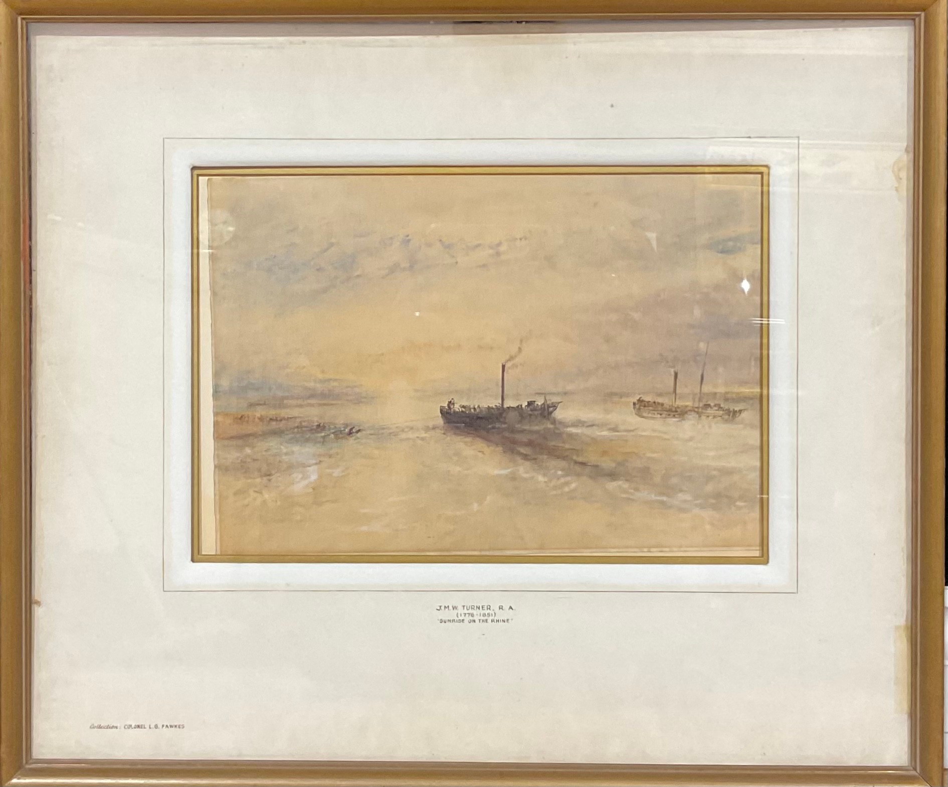 Circle of JMW Turner RA Sunrise on the Rhine, watercolour, 25cm x 36cm  The mount with attribution and inscribed collection: Colonel LG Fawkes