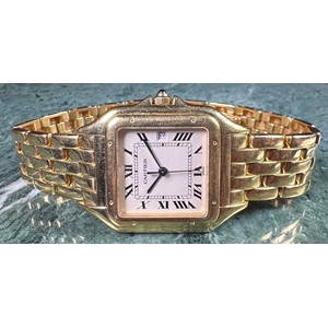 A Cartier 18ct gold gentleman's wristwatch, square dial, Roman numerals, blued hands, date aperture, the original 18ct gold brick link strap stamped 750, the dial 1.8cm wide, 113g gross, red 'velvet' bag