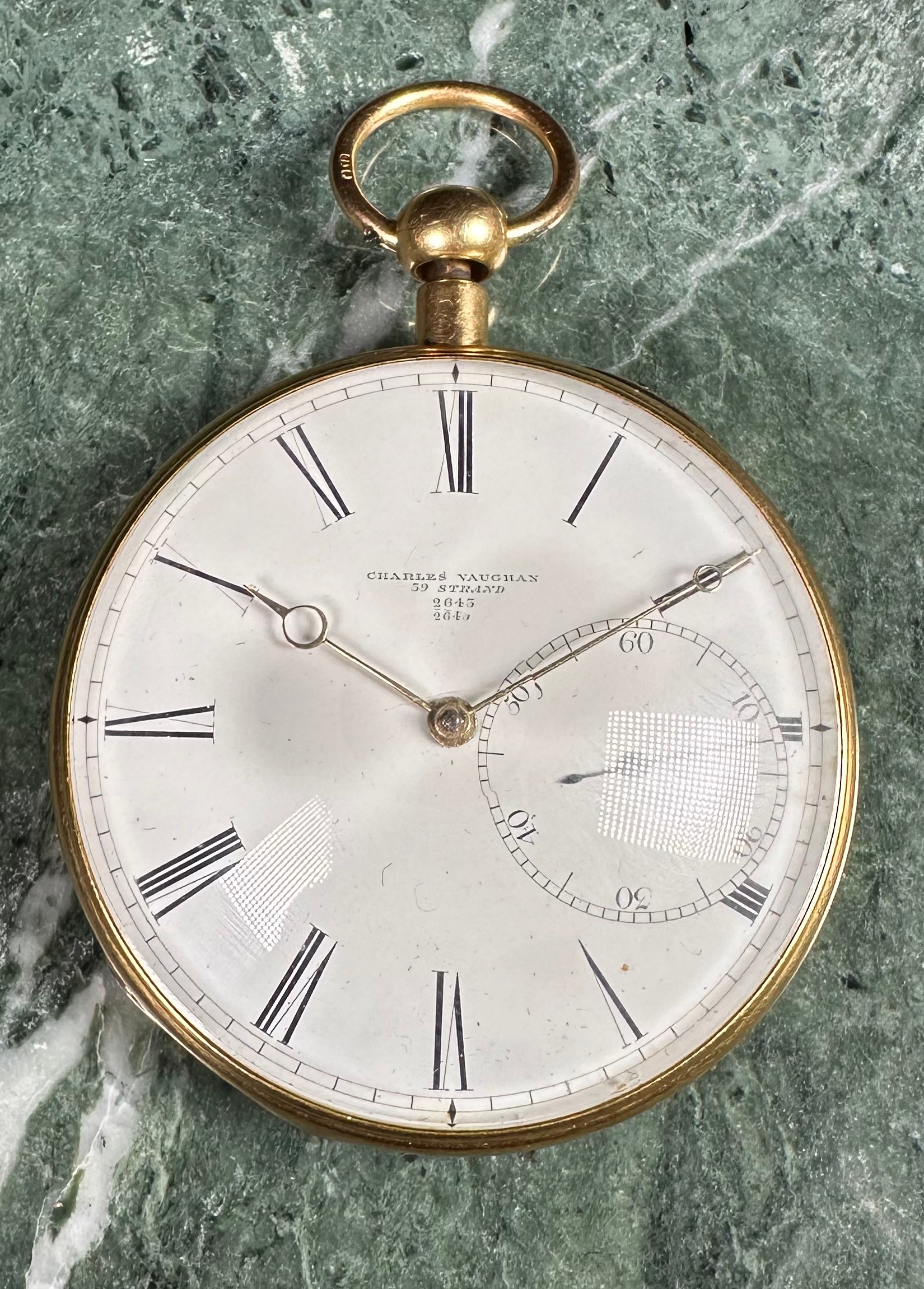 A George IV 18ct gold repeater pocket watch, 5cm enamel dial inscribed Charles Vaughan, 39 Strand, 2643, Roman numerals, subsidiary seconds dial set to the side, key-wound repeating movement with piston mechanism, the case engine turned to verso, 7.5cm over loop, London 1827, 106g gross