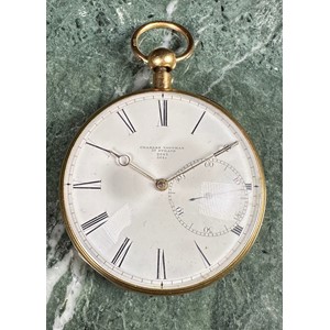 A George IV 18ct gold repeater pocket watch, 5cm enamel dial inscribed Charles Vaughan, 39 Strand, 2643, Roman numerals, subsidiary seconds dial set to the side, key-wound repeating movement with piston mechanism, the case engine turned to verso, 7.5cm over loop, London 1827, 106g gross