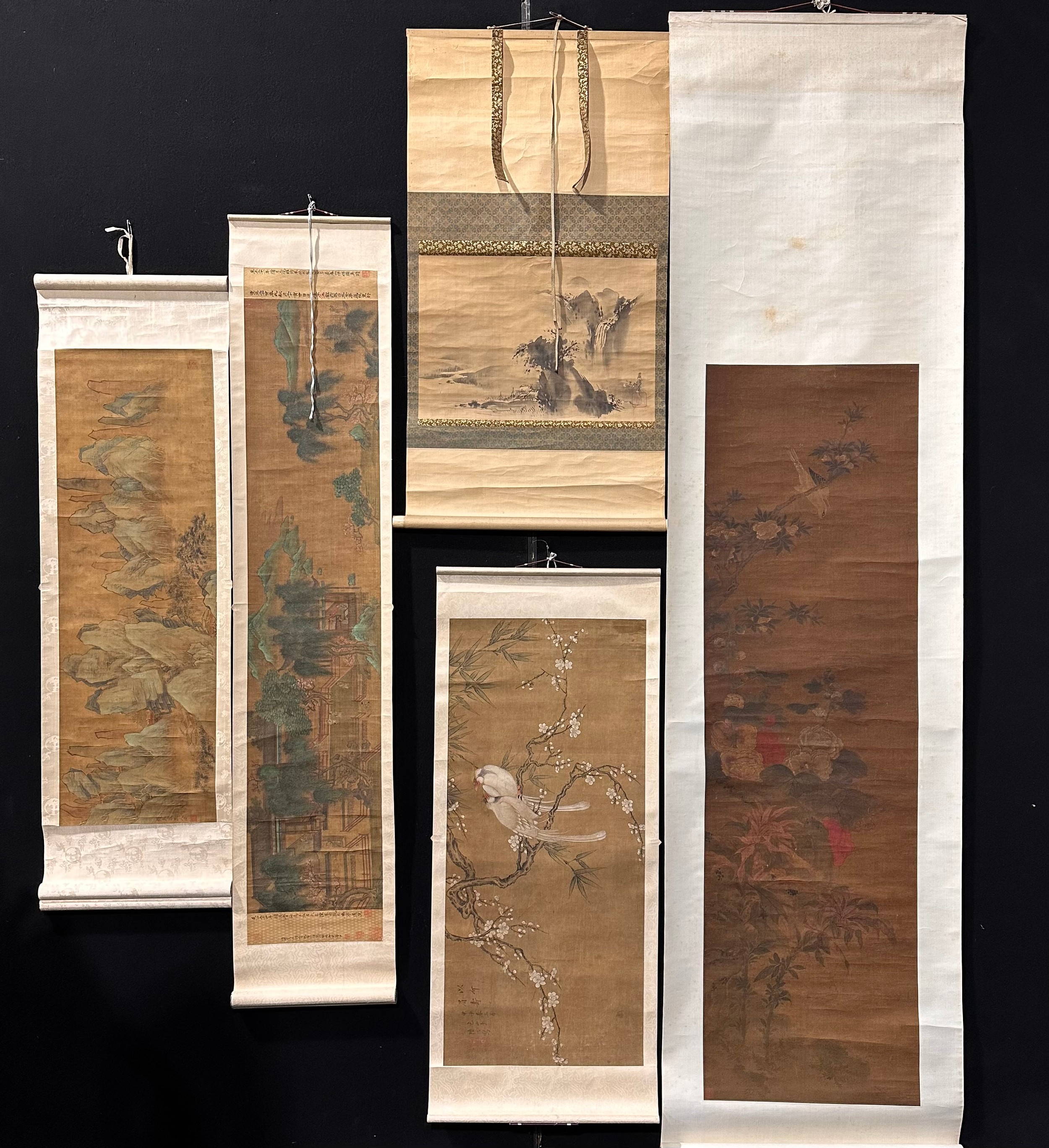 A Chinese scroll painting, Birds on a Blossoming branch, inscribed with verse, red seal marks, ink MS inscription, Ming Copy of Sung, 43cm x 97cm; others, similar (5)