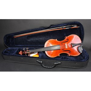 A violin, two piece back, paper label, made by John Wilkinson, London 1919, paper label, the two-piece back 35.5cm long excluding button, rosewood tuning pegs, outlined throughout with purfling, 60cm long overall, the silver wire bound bow 74cm long, modern carry case