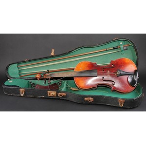 A violin, by Neuner & Hornsteiner, Mittenwald in Bayern, paper label, the two-piece back 36cm long excluding button, ebony tuning pegs, outlined throughout with purfling, 60.5cm long overall, the bows unsigned, 34cm long, cased