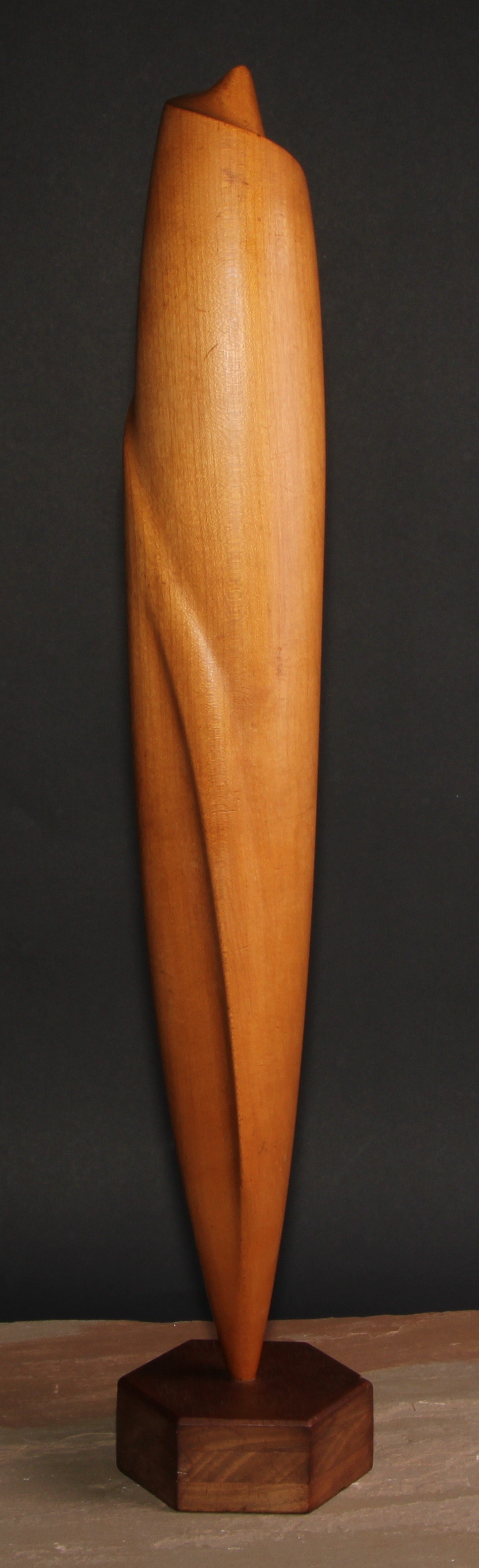 Derrick Kitchen (fl.1957 - 1964), a wooden sculpture, Abstract Form, inscribed to base Exb. No. 187B, dated 1958, 68.5cm high overall  Reference: The artist is represented in the Collection of the Hepworth Wakefield, with Hanging Bat, c.1964