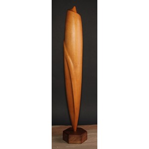 Derrick Kitchen (fl.1957 - 1964), a wooden sculpture, Abstract Form, inscribed to base Exb. No. 187B, dated 1958, 68.5cm high overall  Reference: The artist is represented in the Collection of the Hepworth Wakefield, with Hanging Bat, c.1964