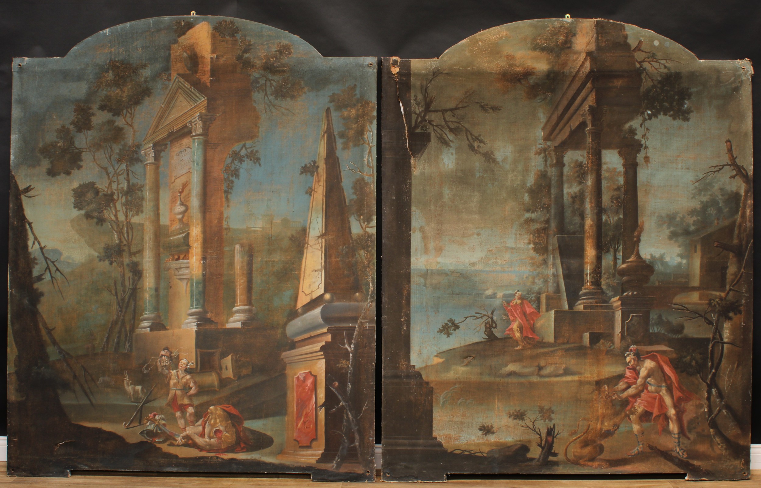 Interior Decoration and Furnishing - a pair of large Italian wall scheme panels, painted with scenes after the antique, arched crestings, oils on canvas, 213.5cm high, 170.5cm wide, 18th/19th century