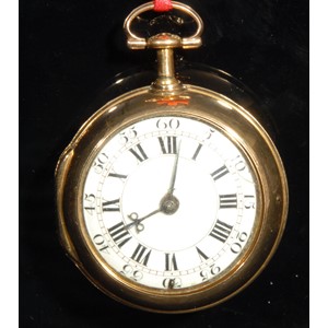 An early 18th century 18ct gold repeating pair case pocket watch, by James Snelling, London, 3.5cm white enamel dial inscribed with Roman numerals and Arabic subsidiaries, blue steel beetle and poker hands, the signed key wound verge fusee movement with Tompion type regulator and silver balance cock pierced and engraved with scrolling foliage, spreading cylindrical pillars, signed silver coloured metal dust cover, the inner case pierced and finely engraved with scrolling foliage, mythical birds and grotesque mask cartouche, the outer case quite plain, 6.5cm over loop, outer case 33g, watch with case 134g gross