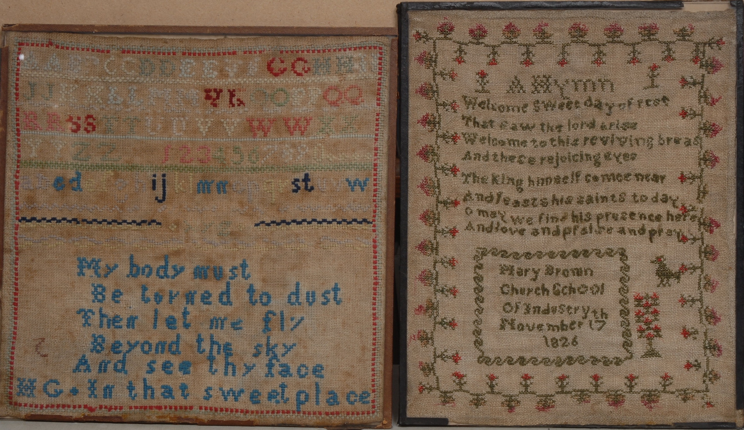 An early Victorian needlework sampler, embroidered by Caroline Nott, 1838, with alphabet, verse, dog, deers and stylised foliage within meandering floral border, 44cm x 34cm;  another, George IV, embroidered by Miriam Corbitt 1823, embroidered with deer and stylised foliage, meandering border, 33cm x 34cm;  others (4)
