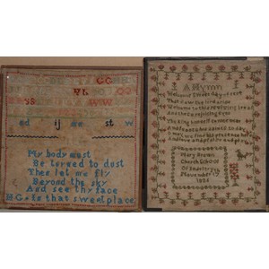 An early Victorian needlework sampler, embroidered by Caroline Nott, 1838, with alphabet, verse, dog, deers and stylised foliage within meandering floral border, 44cm x 34cm;  another, George IV, embroidered by Miriam Corbitt 1823, embroidered with deer and stylised foliage, meandering border, 33cm x 34cm;  others (4)