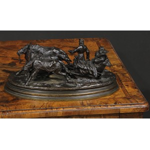 Vasily Grachev (Russian 1831 - 1905), a brown patinated bronze, Winter Troika, signed in the maquette, foundry signature for C.F. Woerffel, St Petersburg, oval base, 26.5cm wide