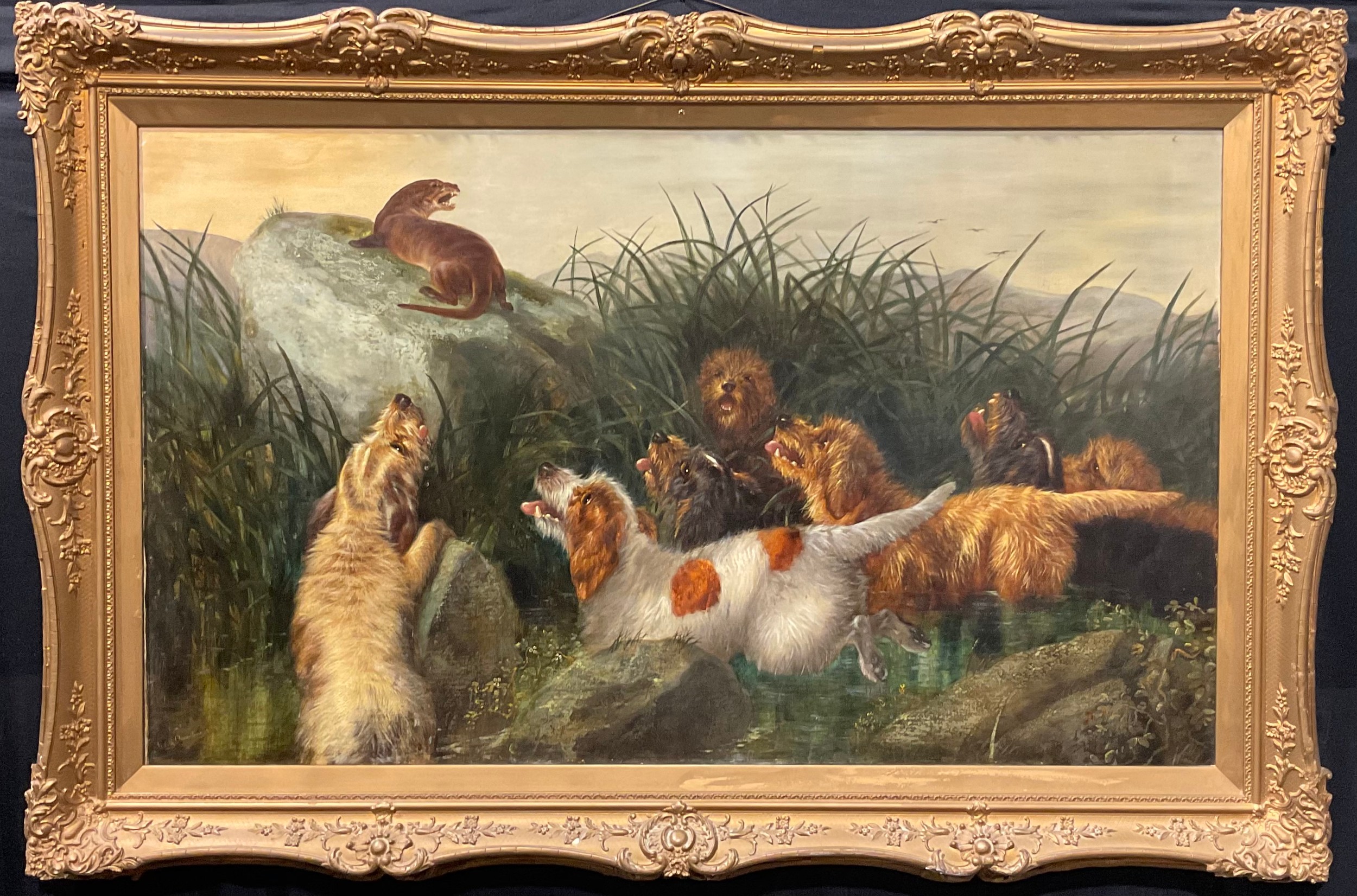 Robert Cleminson (fl. 1864 - 1903) Cairn Terriers and Otter signed Robert Clemontine, oil on canvas, 75cm x 126cm