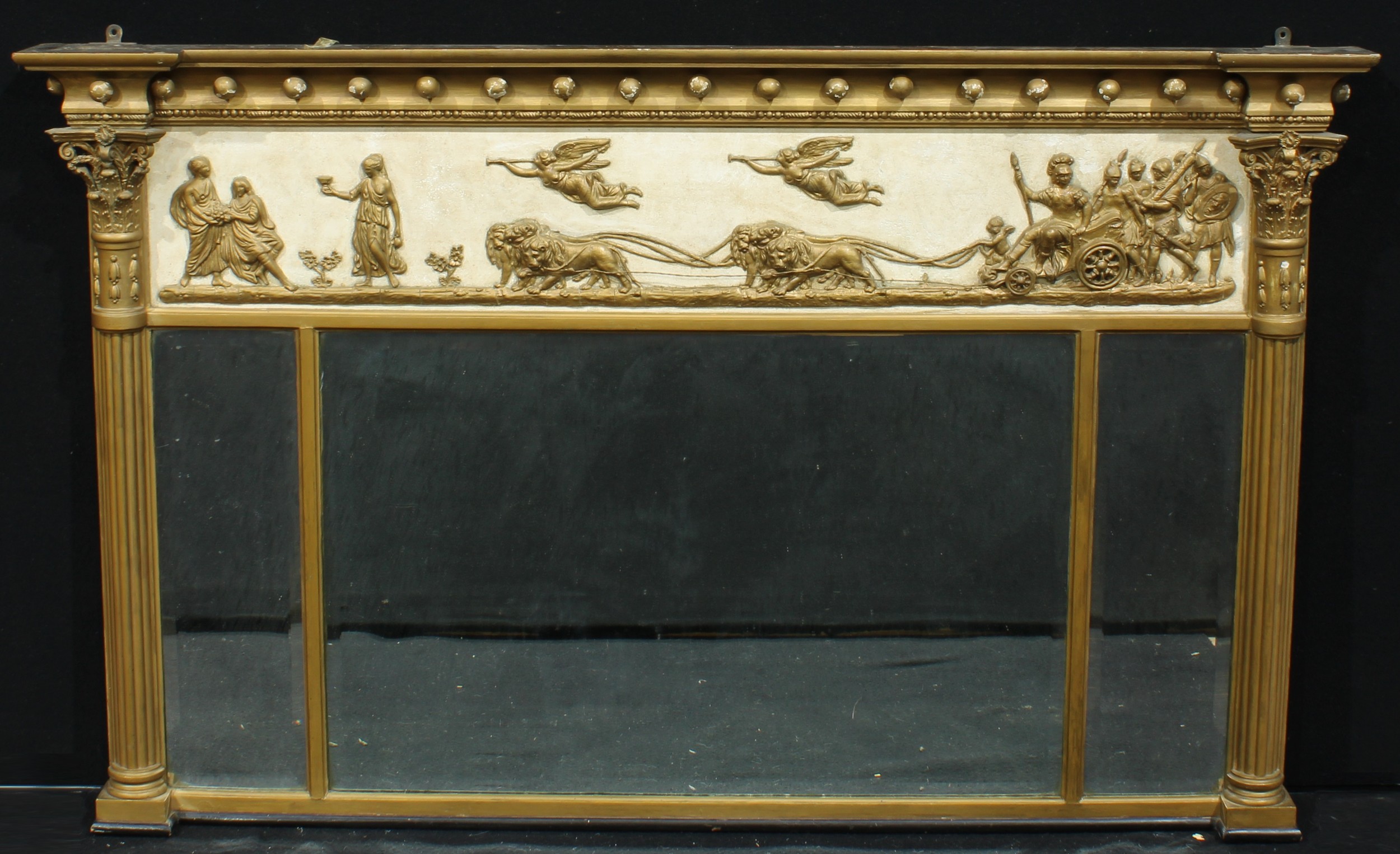 A 19th century giltwood and gesso chimney glass, moulded cornice applied with a row of spheres above a deep entablature moulded and applied with Mars on a chariot drawn by lions inspired by Andrea Casali, three bevelled mirror plates flanked by pilasters, 92cm high, 148cm wide