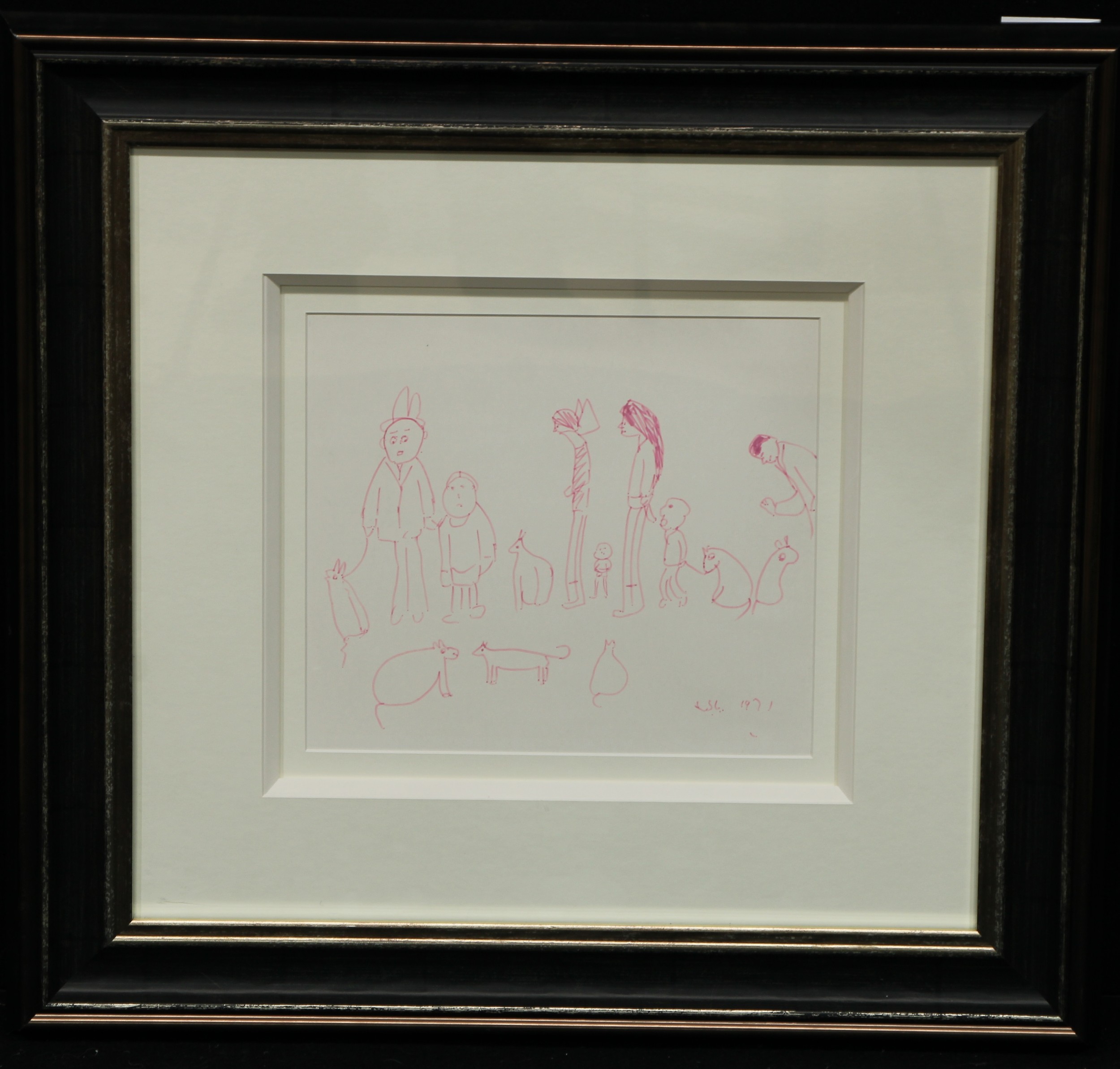 Laurence Stephen Lowry R.A. (1887 - 1976) People and Animals, felt tip pen on verso of paper menu card for The George Hotel Huddersfield, initialled LSL and dated 1971, 25cm x 28cm  Provenance: Gifted by the artist to Angelo Salvini, thence by family descent. Angelo Salvini was the head waiter at The George Hotel, Huddersfield, during the 1960s and 1970s, where Lowry visited regularly to dine. During one of Lowry's visits this drawing was executed on the back of the hotel's menu and given to the waiter as a sign of gratitude.