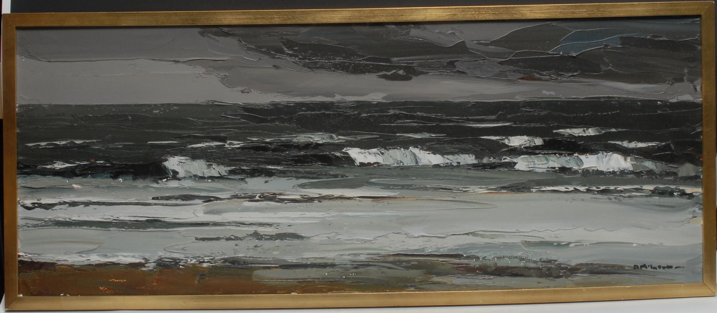 Donald McIntyre (1923-2009) North Sea in Winter signed, oil on board, 39.5cm x 101cm