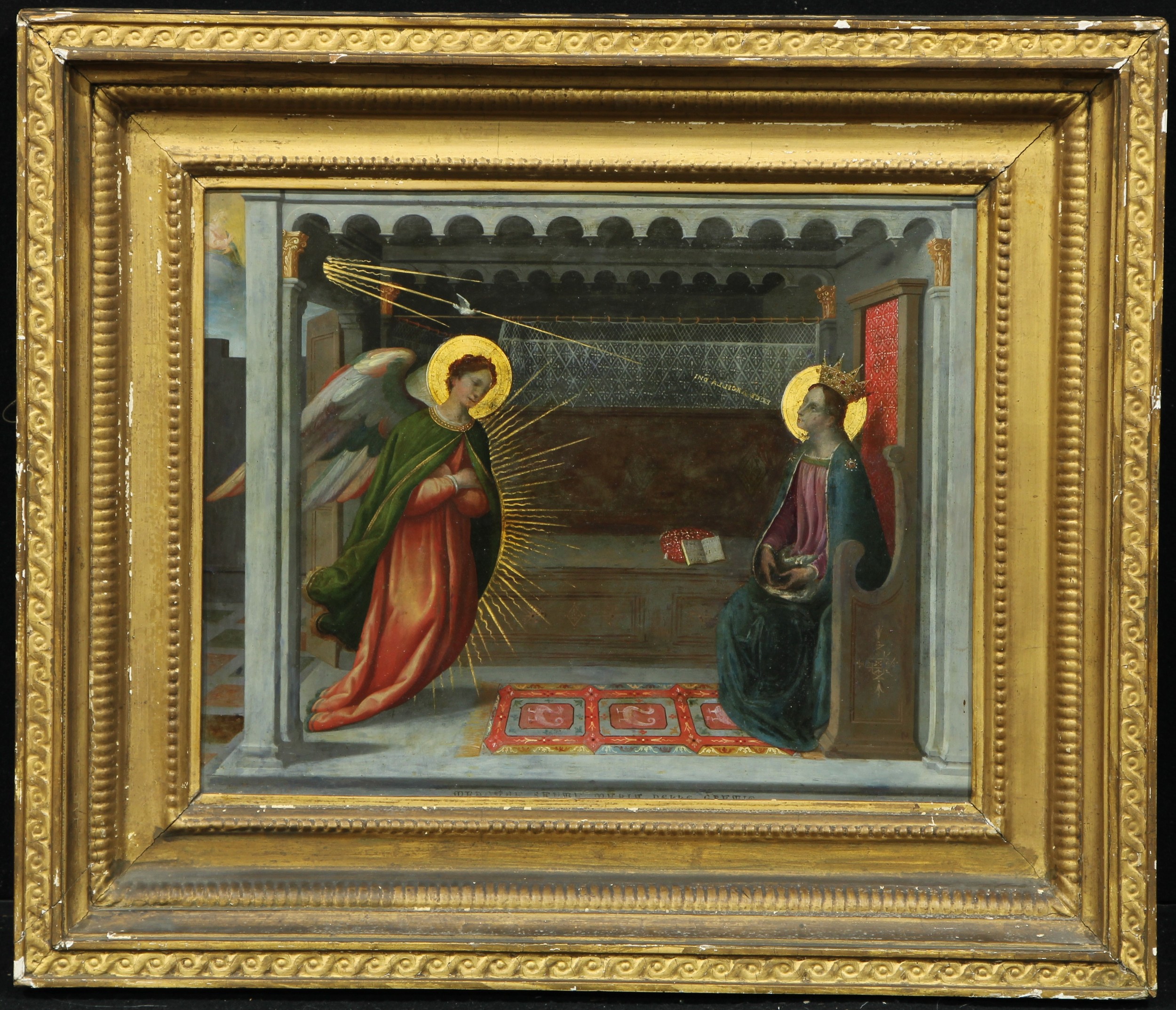 German School, possibly 16th century The Madonna, enthroned with an angel, inscribed, oil on copper panel, 32cm x 41cm