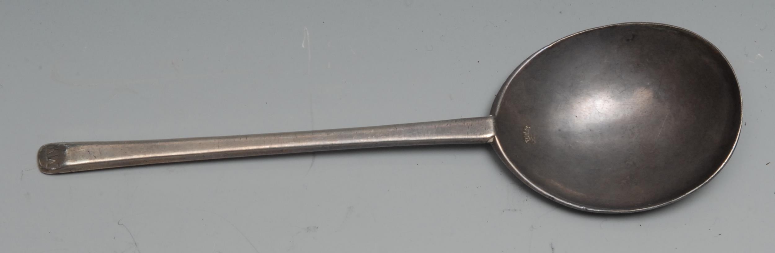 A Charles I/Commonwealth slip top spoon, 17cm long, initialled MW to terminal, hatched initial M to verso of bowl,  William Cary, London 1649