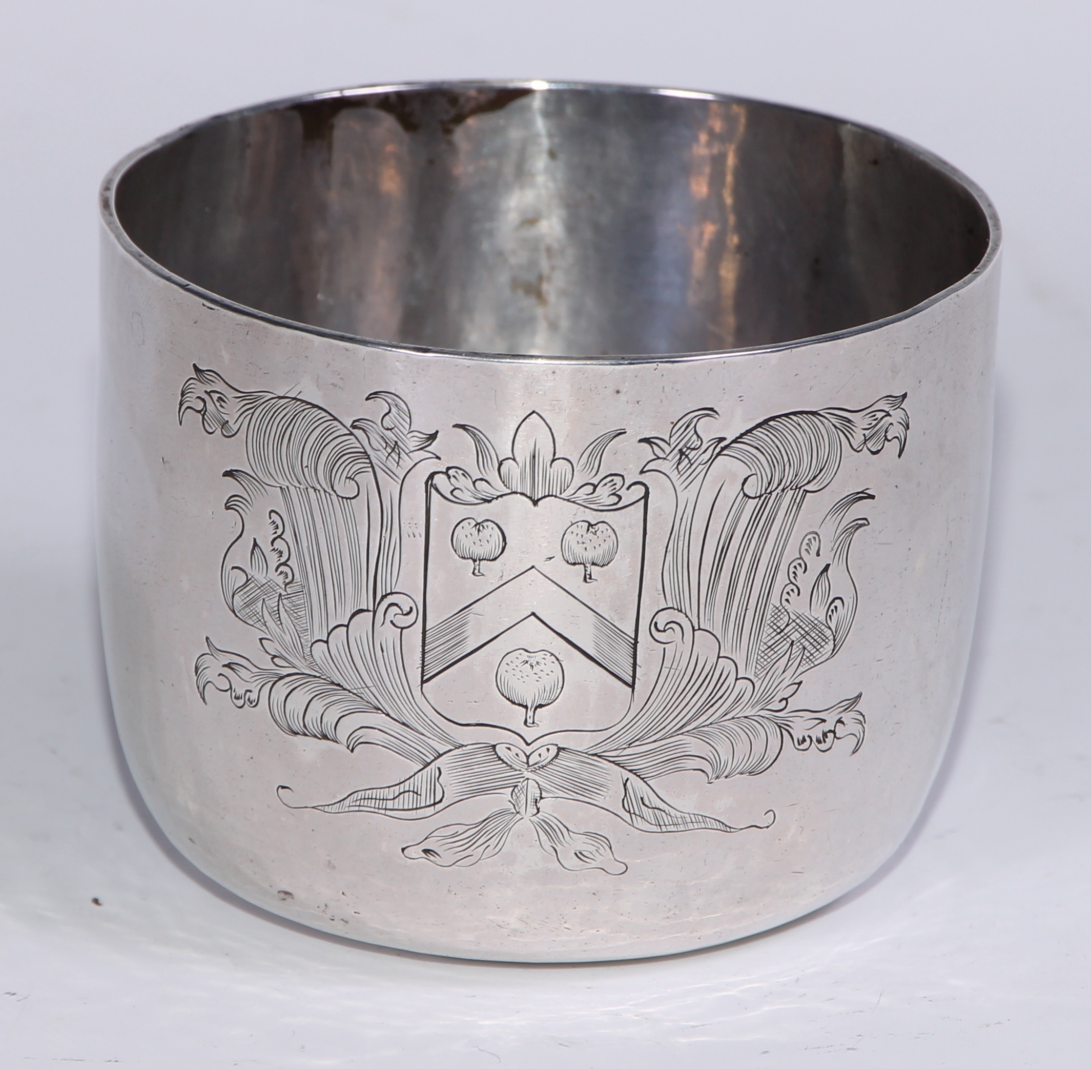A Charles II silver tumbler cup of typical raised planished form bearing the coat of arms for Rise of Trewardreva, in Constantine, Cornwall, Francis Singleton, London, 1678, the makers mark struck twice showing both variants, 6cm high, 165g  The makers mark first registered in 1676. See Jackson’s Silver and Gold Marks page 134  Thomas, son of Roger Rise built the extant house in c.1600 and the estate left the family some time prior to 1719 when the inheritors remodelled the house. Somehow, the family escaped being recorded in the Heralds' Visitations of Cornwall.
