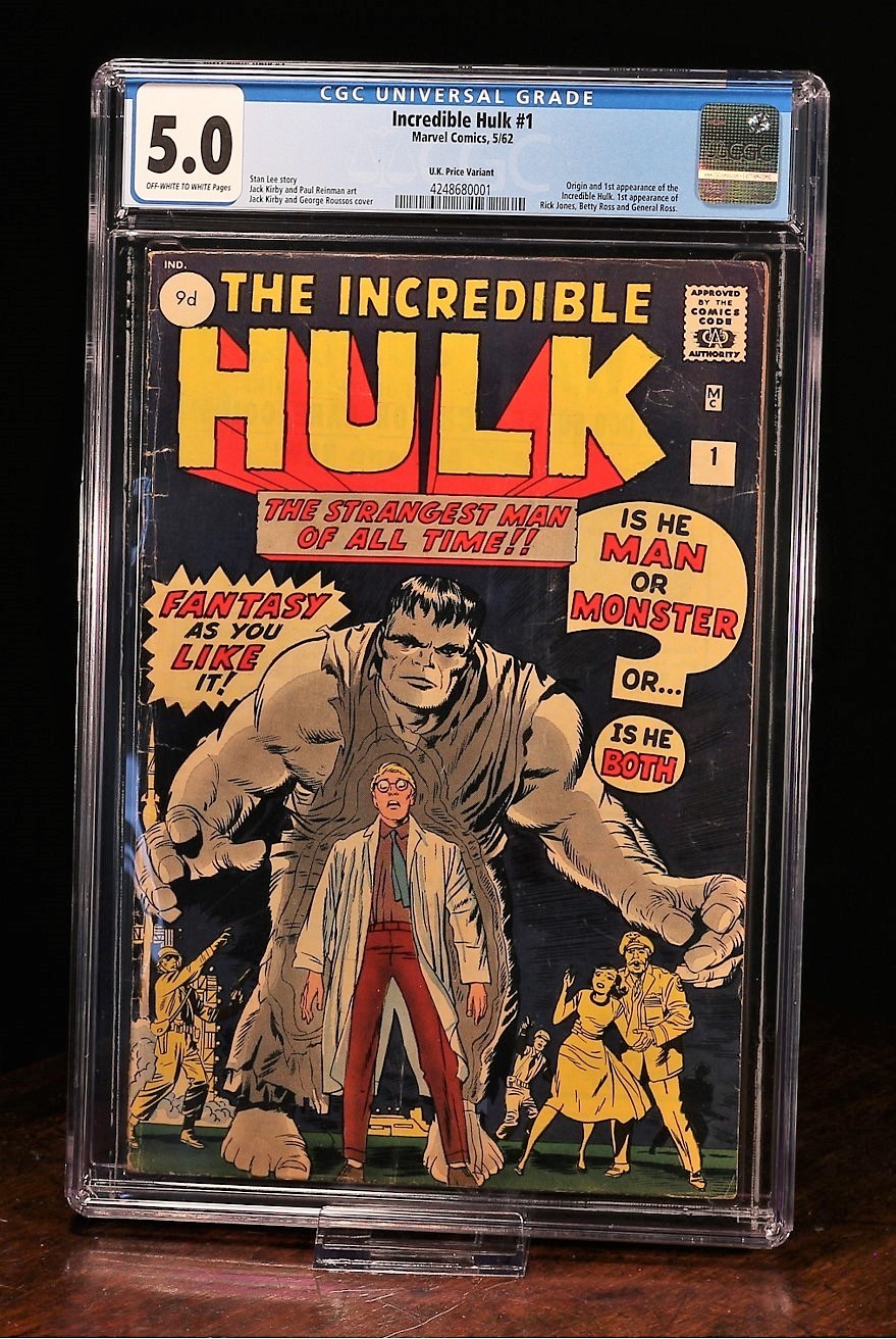 Hulk #1 (1962) CGC Graded 5.0. 1st appearance of Bruce Banner / The Hulk. Origin of Hulk. 1st appearance of Betty Ross and General Thunderbolt Ross. Written by Stan Lee, art by Jack Kirby. Key Silver Age Marvel Comics.