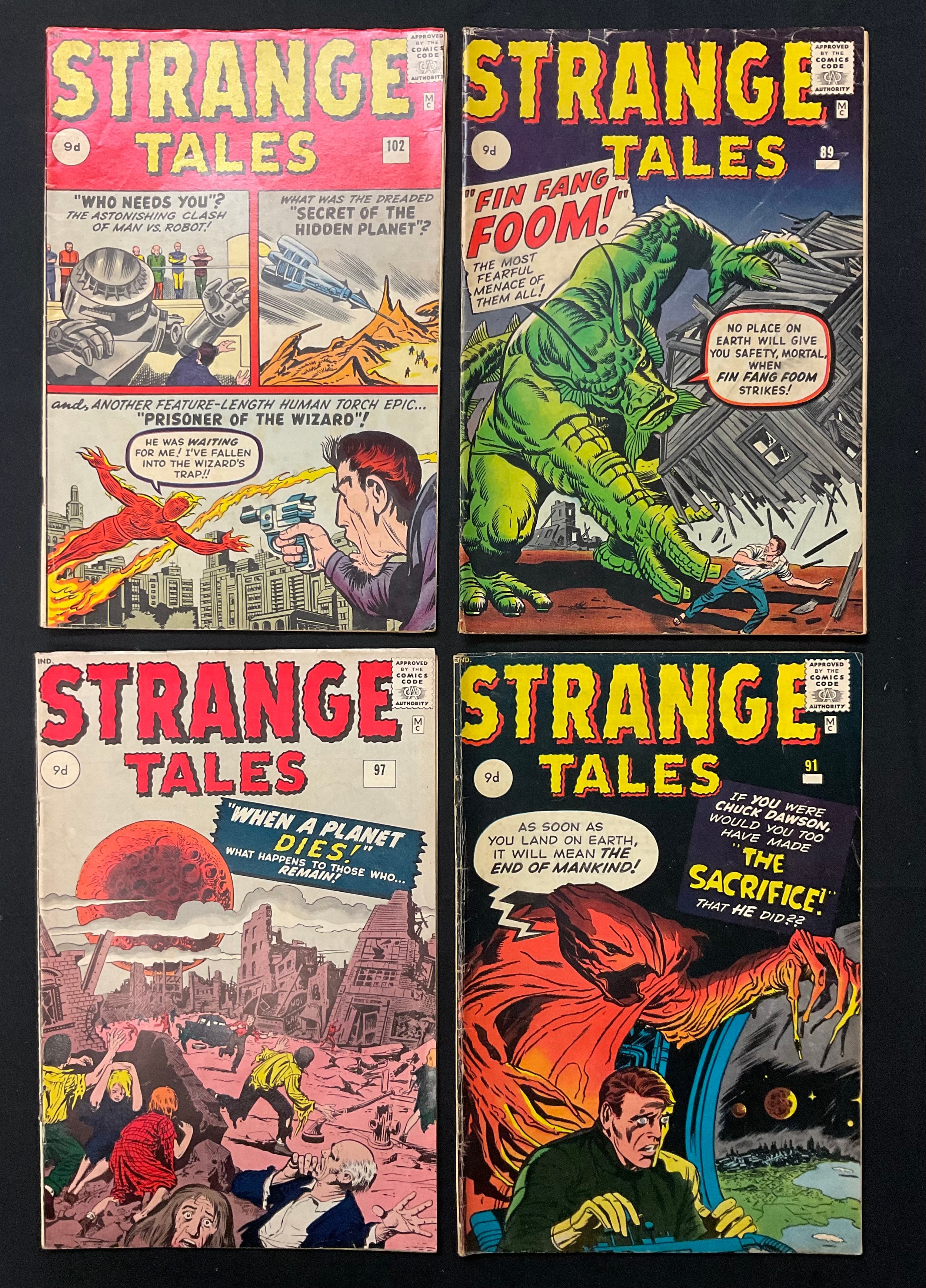Strange Tales #89, #91, #97, #102 (1961-1962) 1st appearances of Fin Fang Foom, Prototype of Aunt May and Uncle Ben, Teaser for Hulk #1, and 1st appearance of Origin of The Wizard. Silver age Marvel Comics.