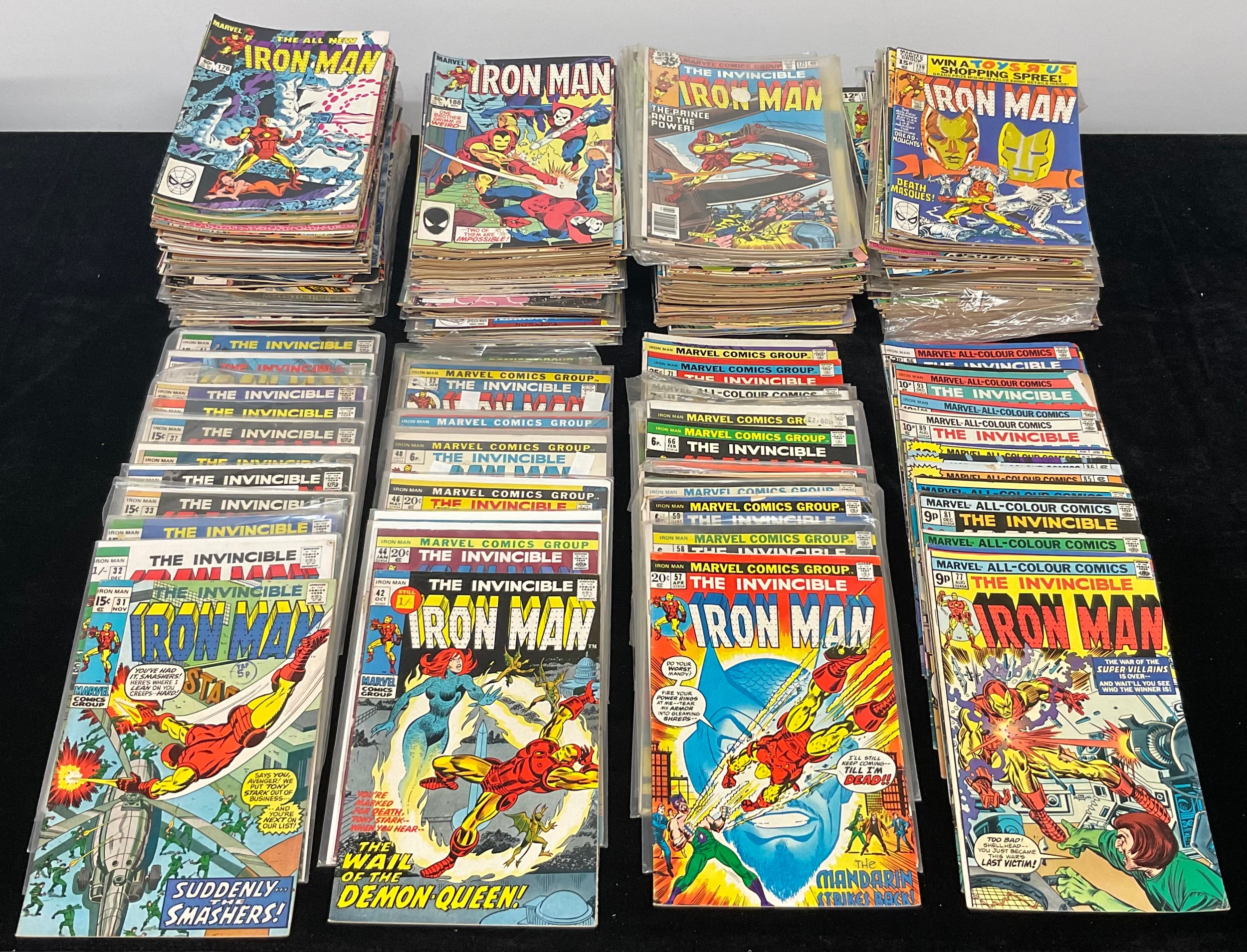 A large collection of Iron Man comics #31-300 approx, including numerous 1st and early appearances, classic storylines and iconic cover art. (Some Missing issues including #54-55) Bronze to Modern age Marvel comics. Qty