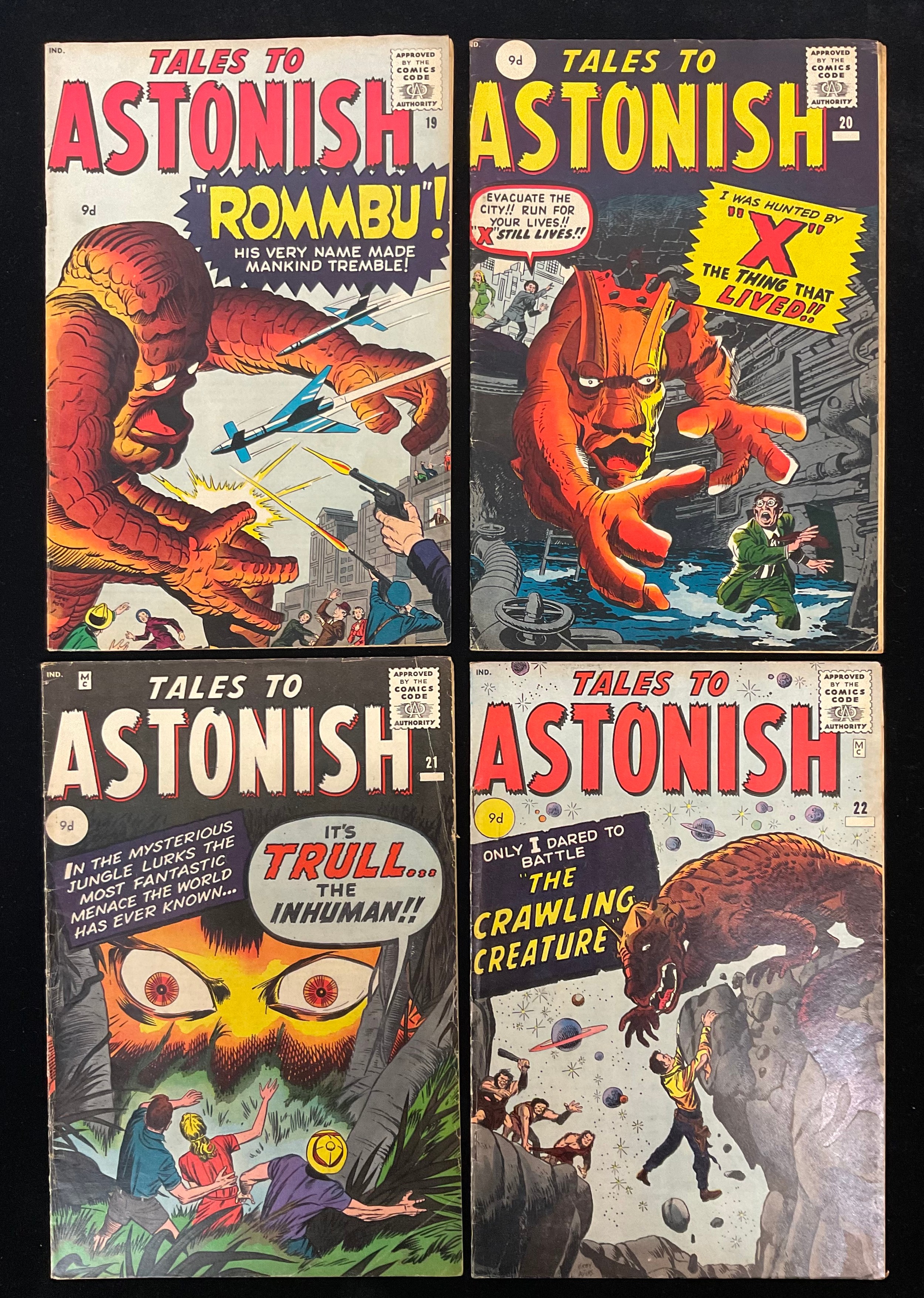 Tales to Astonish #19-22. (1961). 1st appearances of Rommbu, “X”, Glop, and Crawling Creature. Written by Stan Lee, artwork by Jack Kirby and Steve Ditko. Silver age Atlas / Marvel comics. (4).