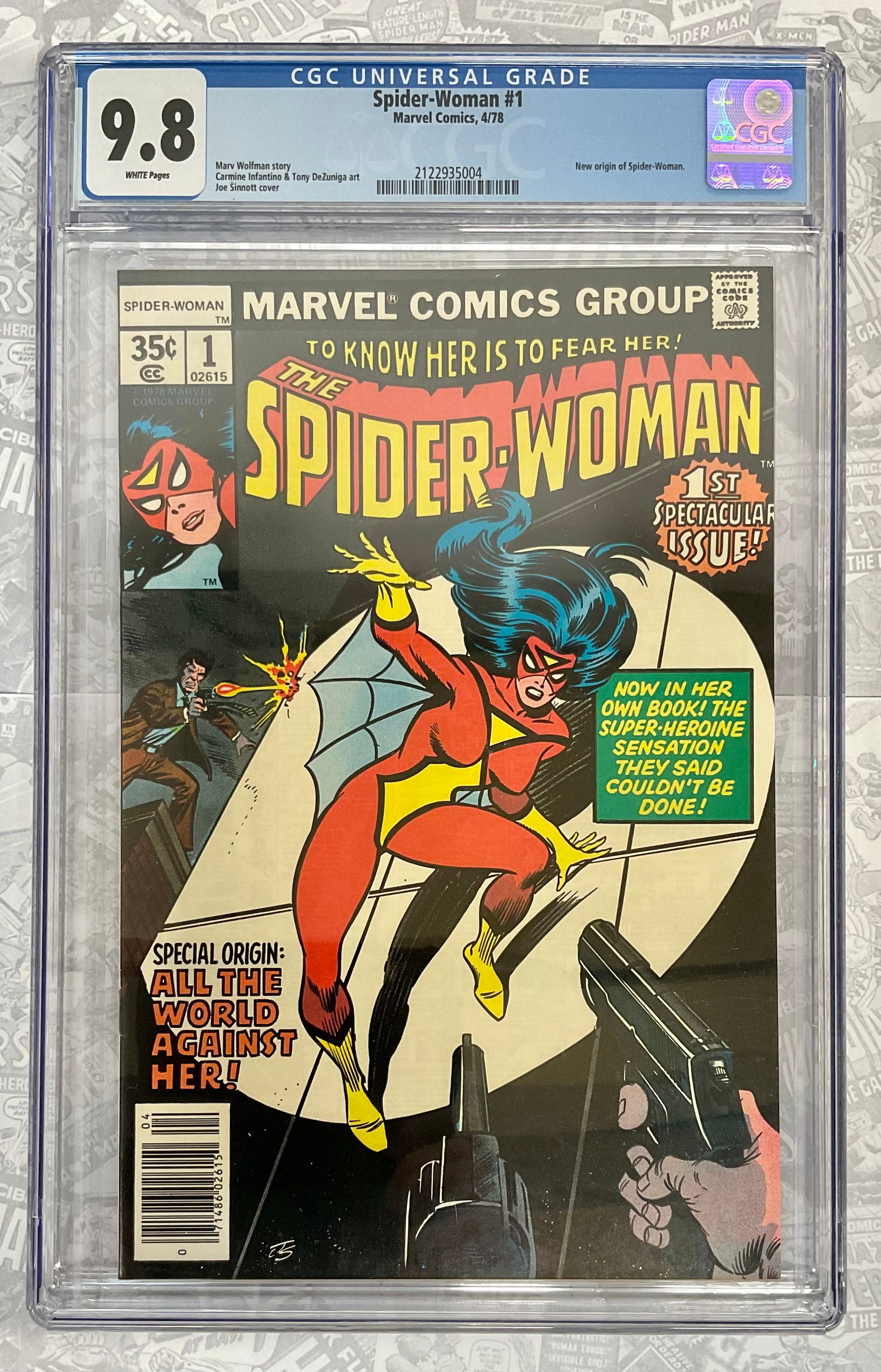 Spider-Woman #1 (1978) CGC Graded 9.8, New origin of Spider-Woman, Joe Sinnott cover art. Joint highest grade on CGC census. Bronze Age Marvel comic.