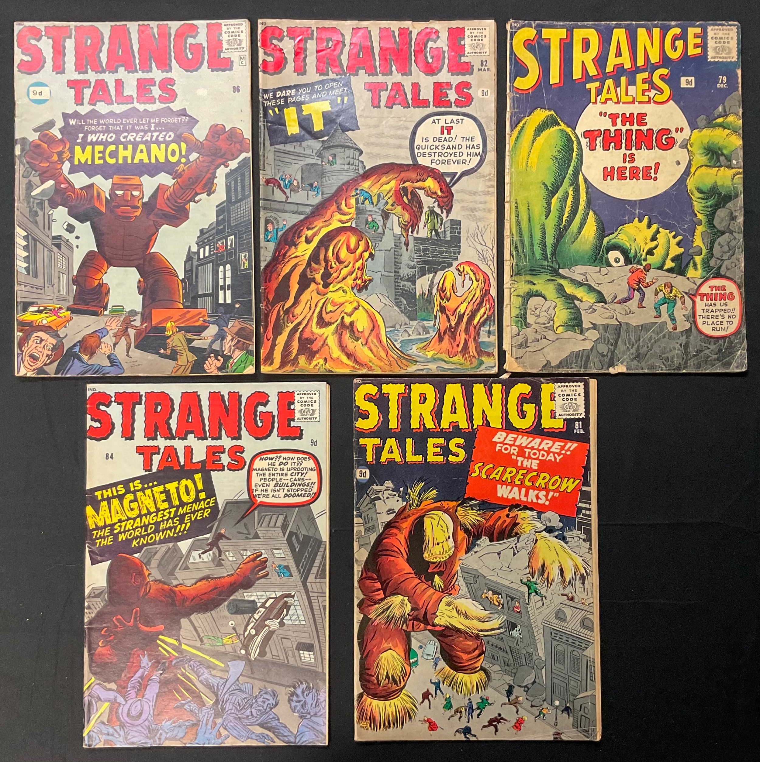 Strange Tales #79, #81, #82, #84, #86. (1960-1961). Includes the first prototype of Magneto. Silver age Marvel comics. Low grade.