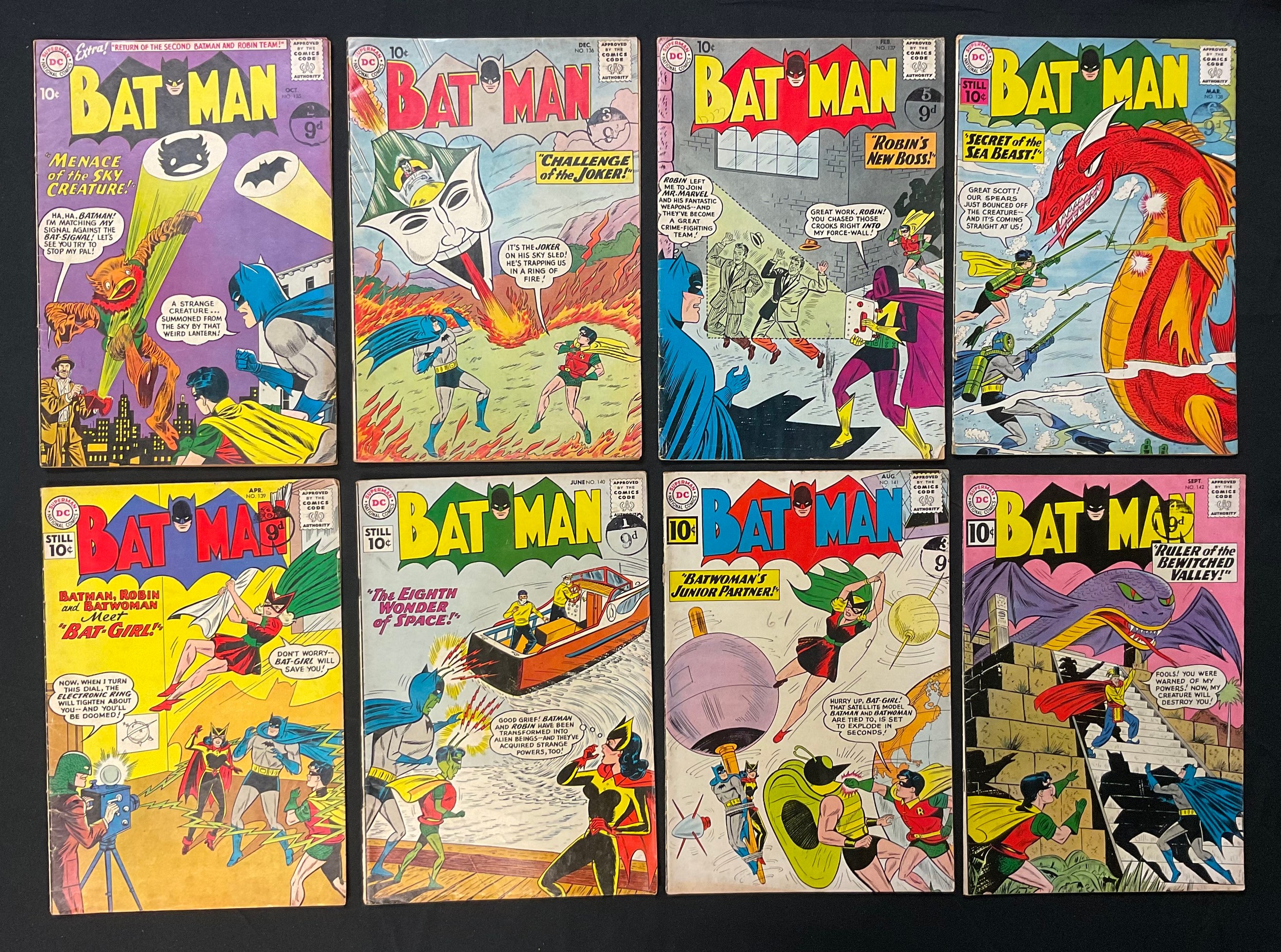 Batman #135-142. (1960-1961). Includes 1st and 2nd appearance of Bat-girl, Betty Kane. 1st appearance of Clockmaster. Sheldon Moldoff artwork. Silver Age DC Comics. (8)