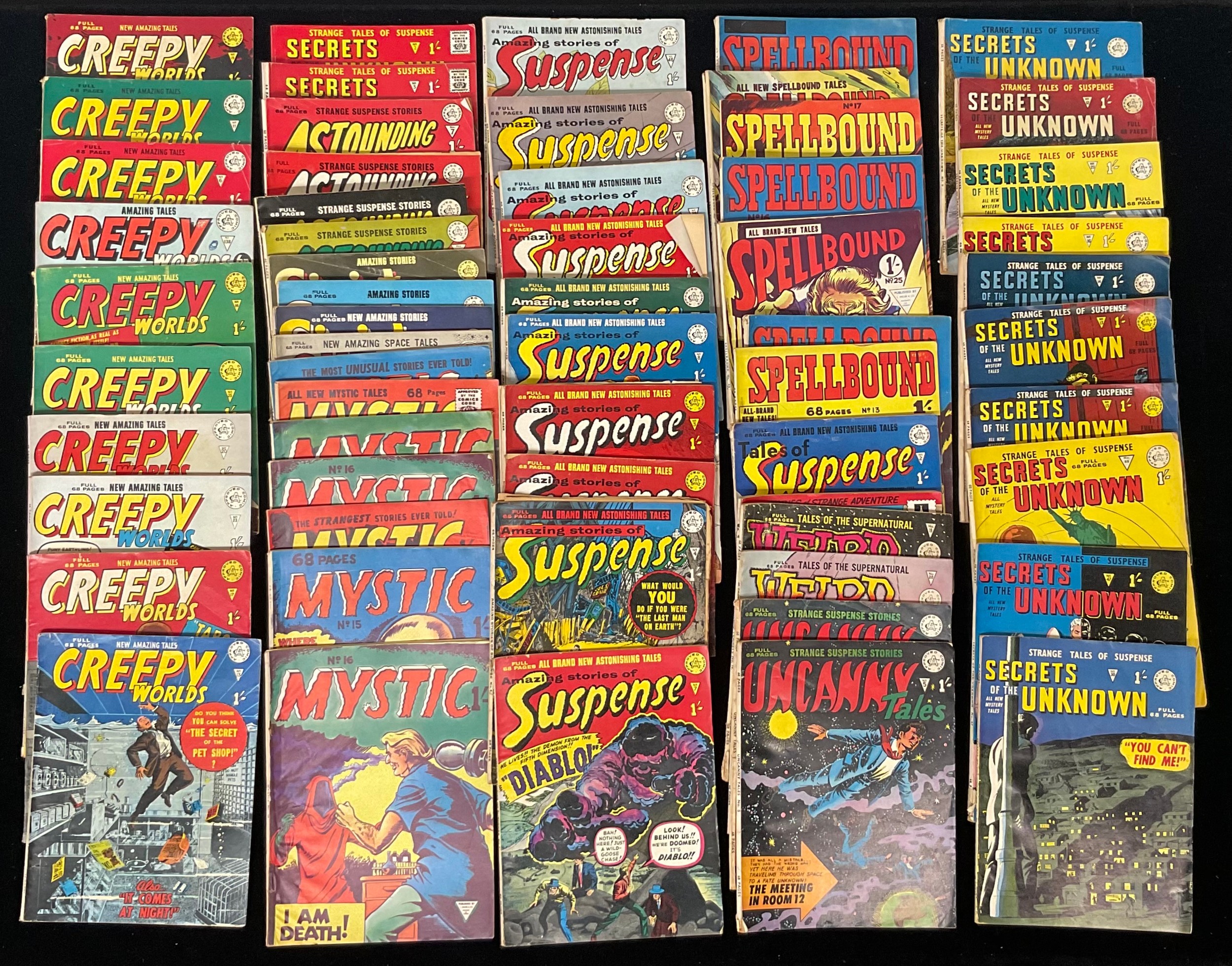 Comic Books - Alan Class comic books; mixed titles including Strange Tales of Suspense, Amazing Stories of Suspense, Forbidden Worlds, Uncanny Tales, Creepy Worlds, Mystic. etc… approx 62 comics. Silver age British comic books.