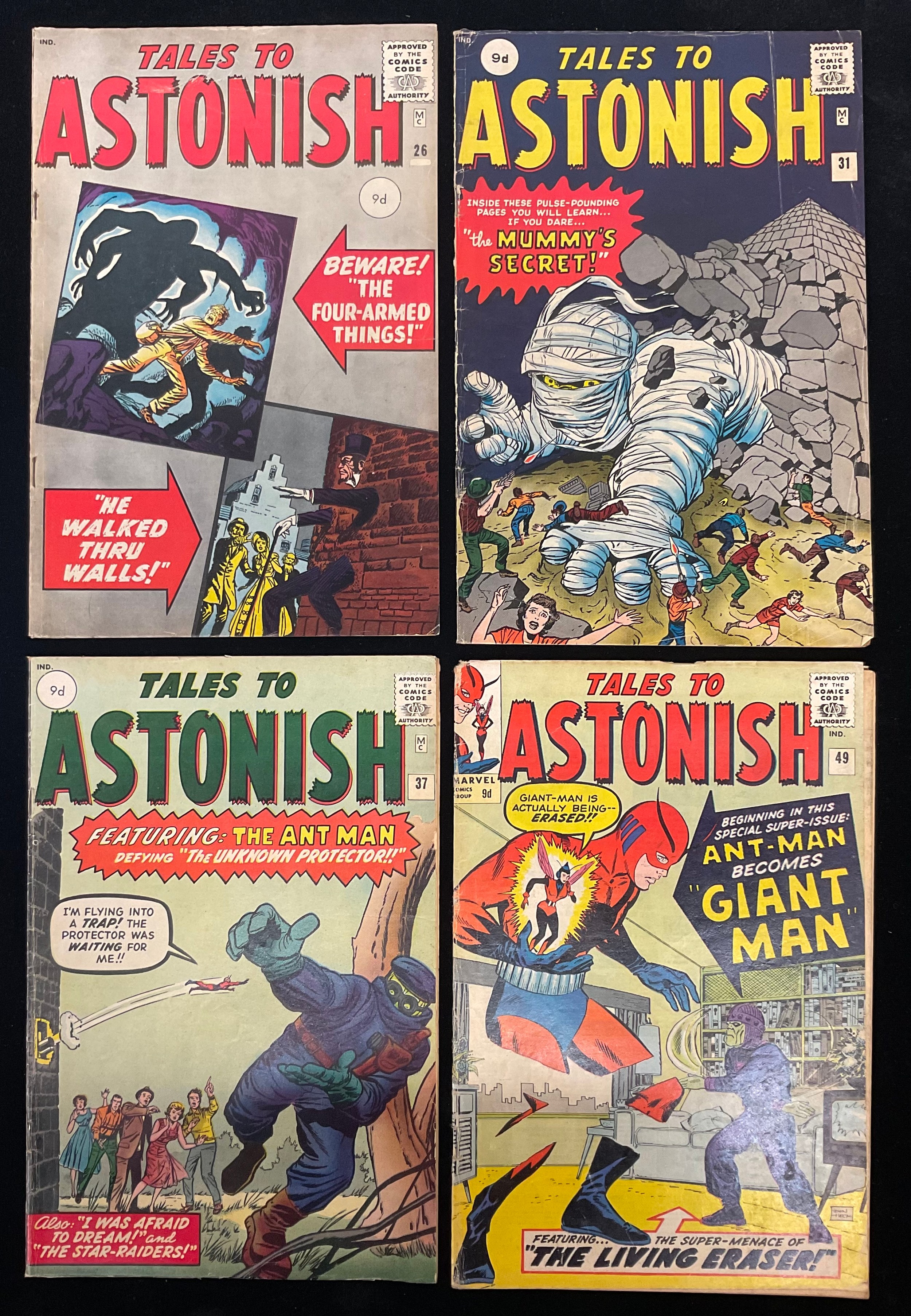 Tales to Astonish #26, #31, #37, #49. (1961-1963). 3rd appearance of Ant Man, and Hank Pym becomes Giant-Man. Written by Stan Lee, art by Jack Kirby and Steve Ditko. Silver age Atlas / Marvel Comics. (4)
