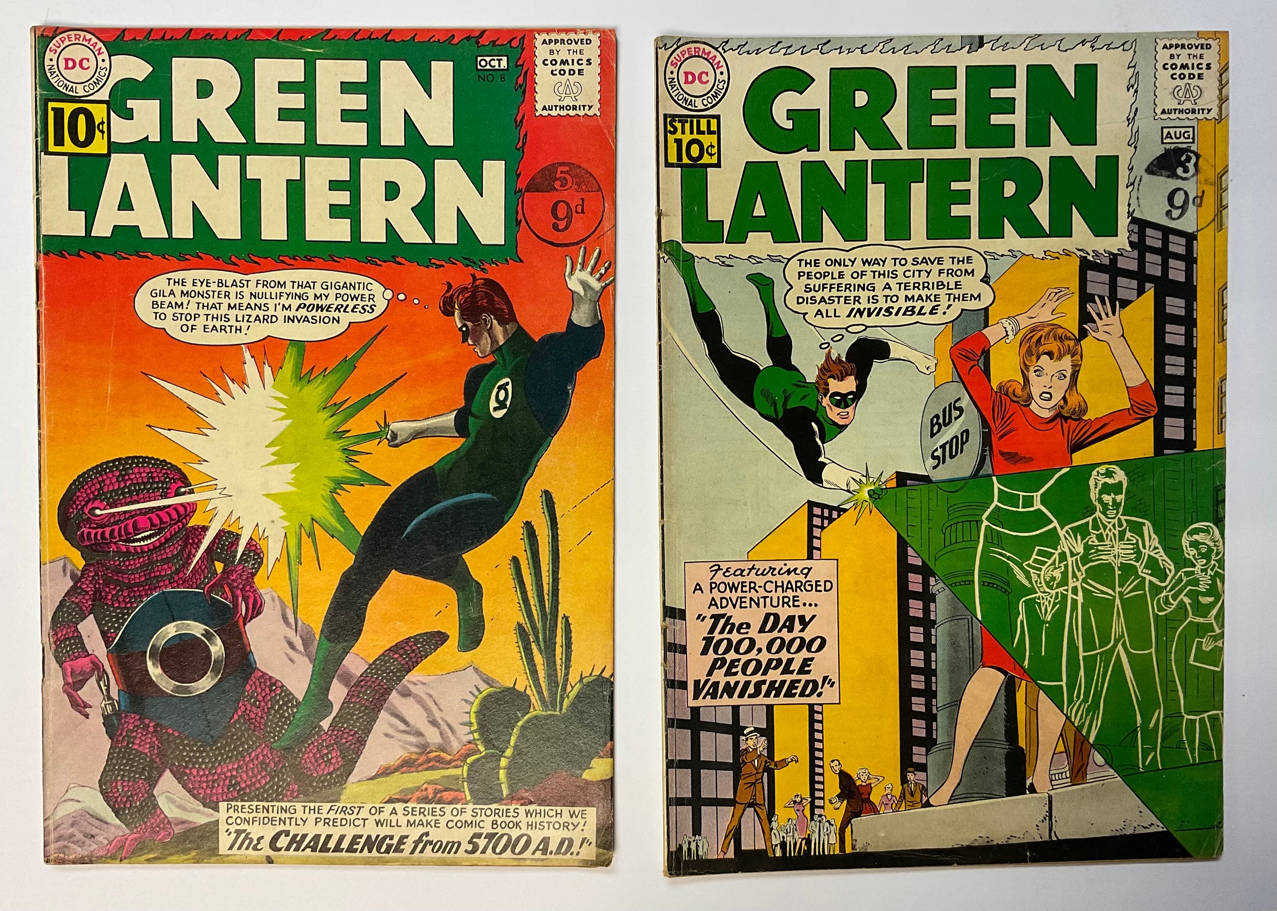 Green Lantern #7-8. (1961) 1st appearance and Origin of Sinestro. 1st 5700AD Story, 1st Pol Manning, Iona Vane and Korlian Dasor. 2 Key silver age DC Comics. Gil Kane artwork. (2)