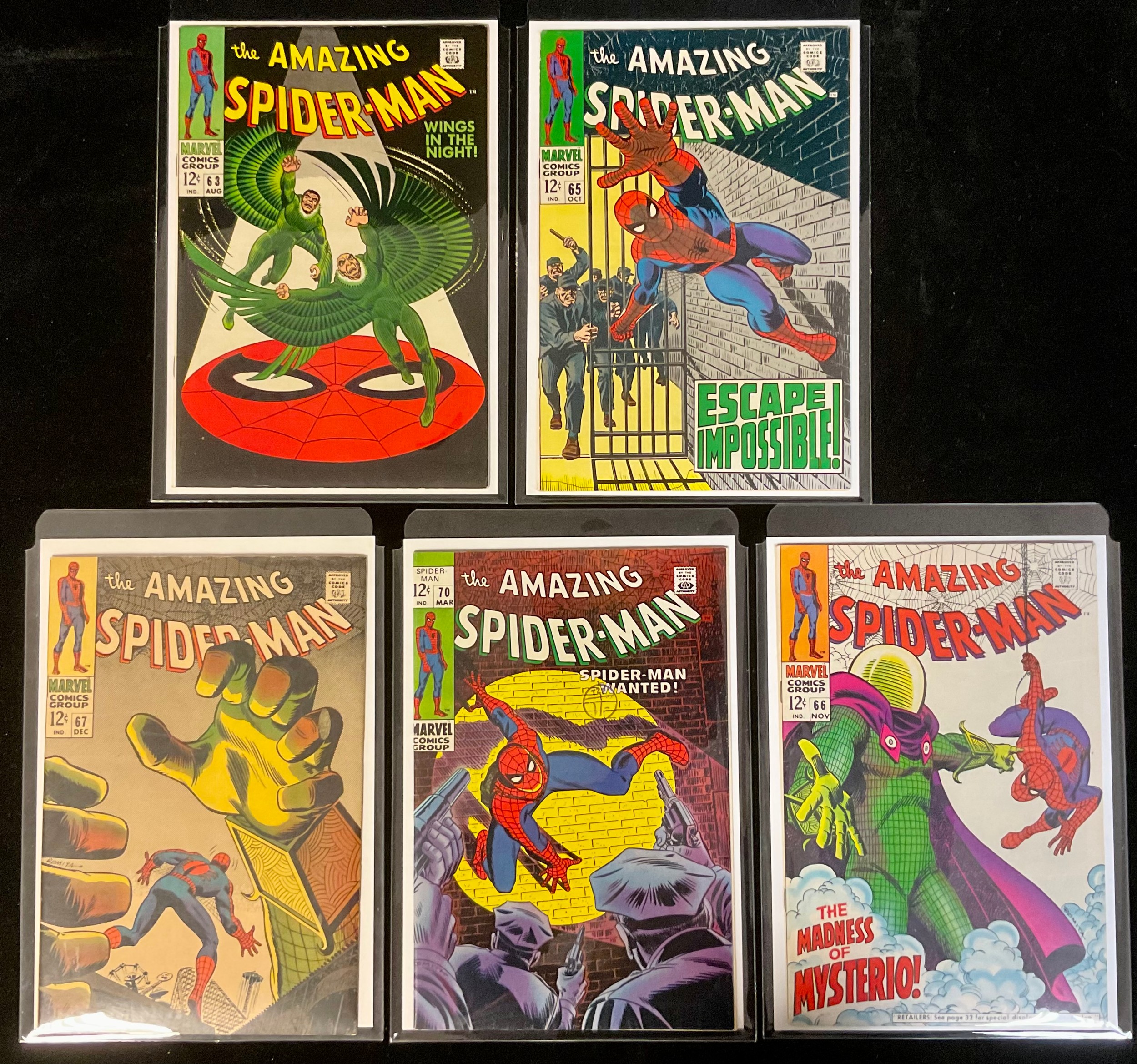The Amazing Spider-Man #63, 65-67, 70. (1968-1969). 5 Silver age Marvel Comics, high grade cents copies. Written by Stan Lee, artwork by John Ramita Snr.