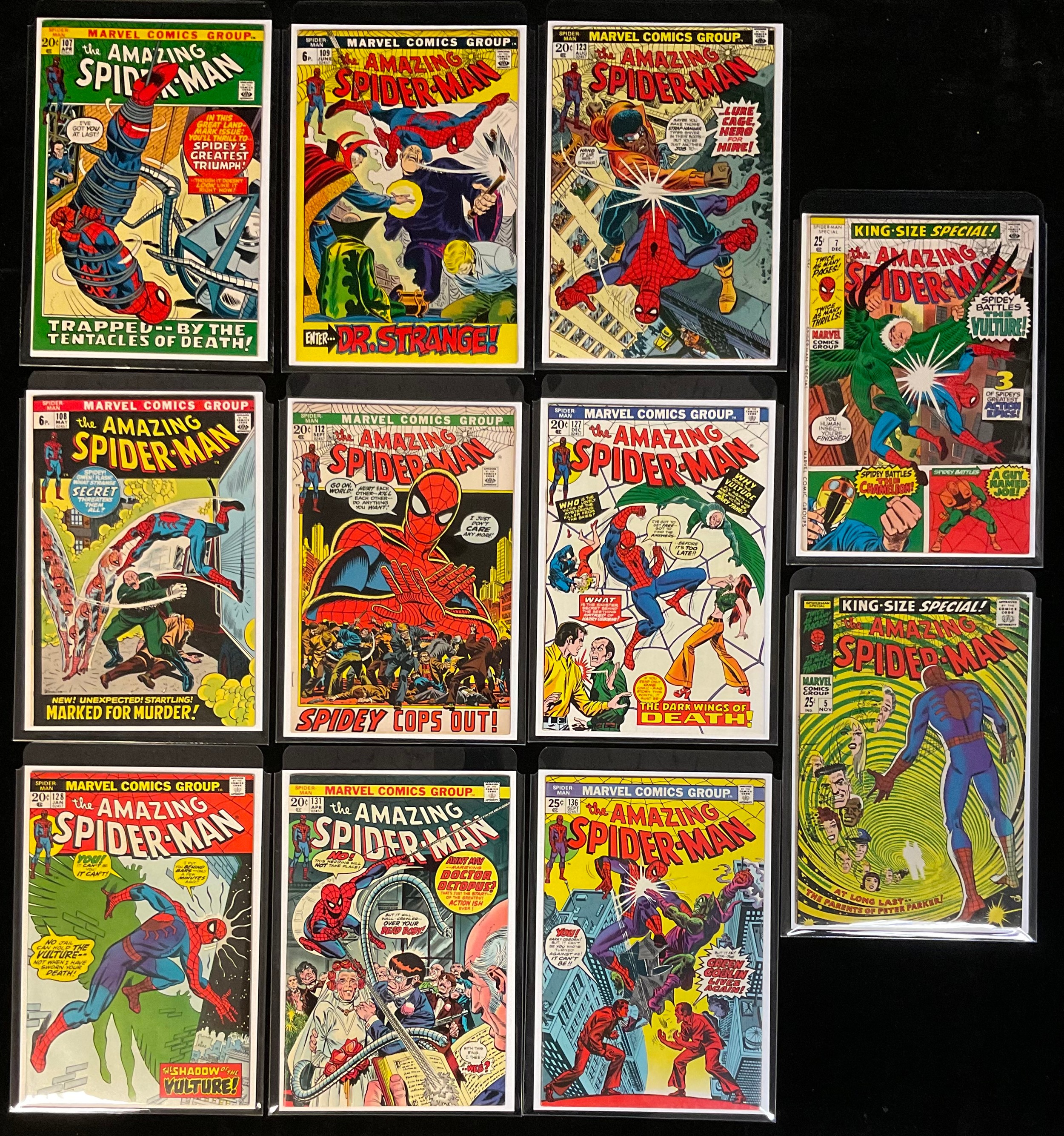 The Amazing Spider-Man #107-109, 112, 123, 127, 128, 131, 136, Annual 5 and 7. 11 Bronze Age Marvel Comics (1972-1974). High grade, cents and pence copies. (11).