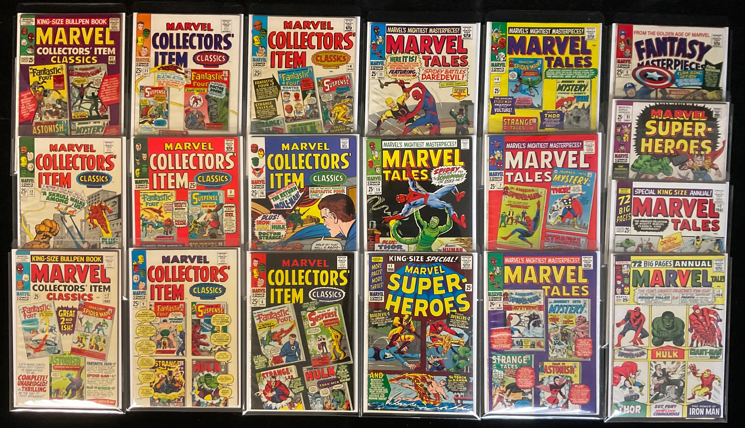 19 Silver Age Marvel Comics. Annuals / Omnibuses. Marvel Takes Annual #1, #2, #4, #7, #8, #11, #15. Marvel Collectors Item Classics #1-4, #8-9, #11, #13, #16. Marvel Super-Heroes #1, #21, Fantasy Masterpieces #5. (1964-1969) approx VFN.