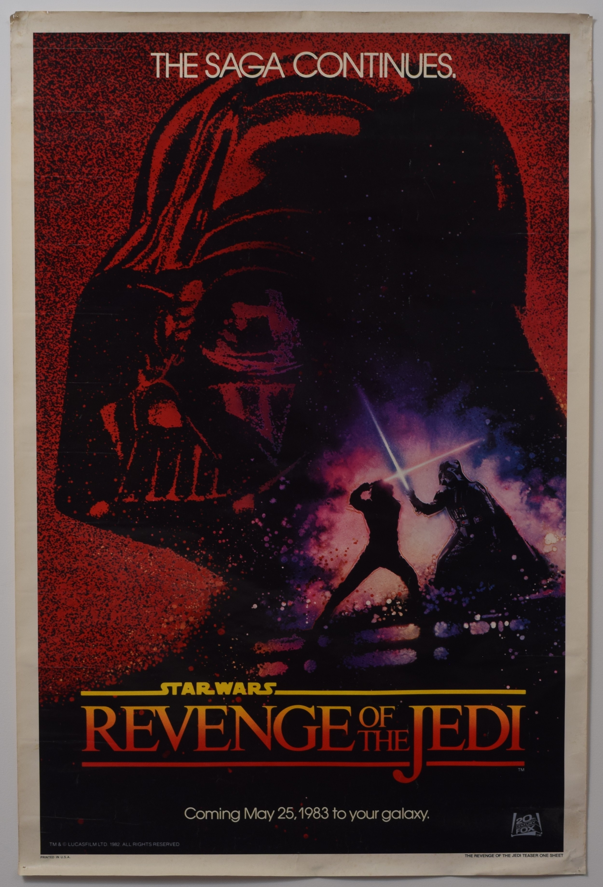 Poster, Film and Sci-Fi Interest, Star Wars - a Star Wars Revenge of The Jedi movie poster, 'PRINTED IN U.S.A.' and 'THE REVENGE OF THE JEDI TEASER ONE SHEET' to lower corners, 104cm high, 68.5cm wide, unframed