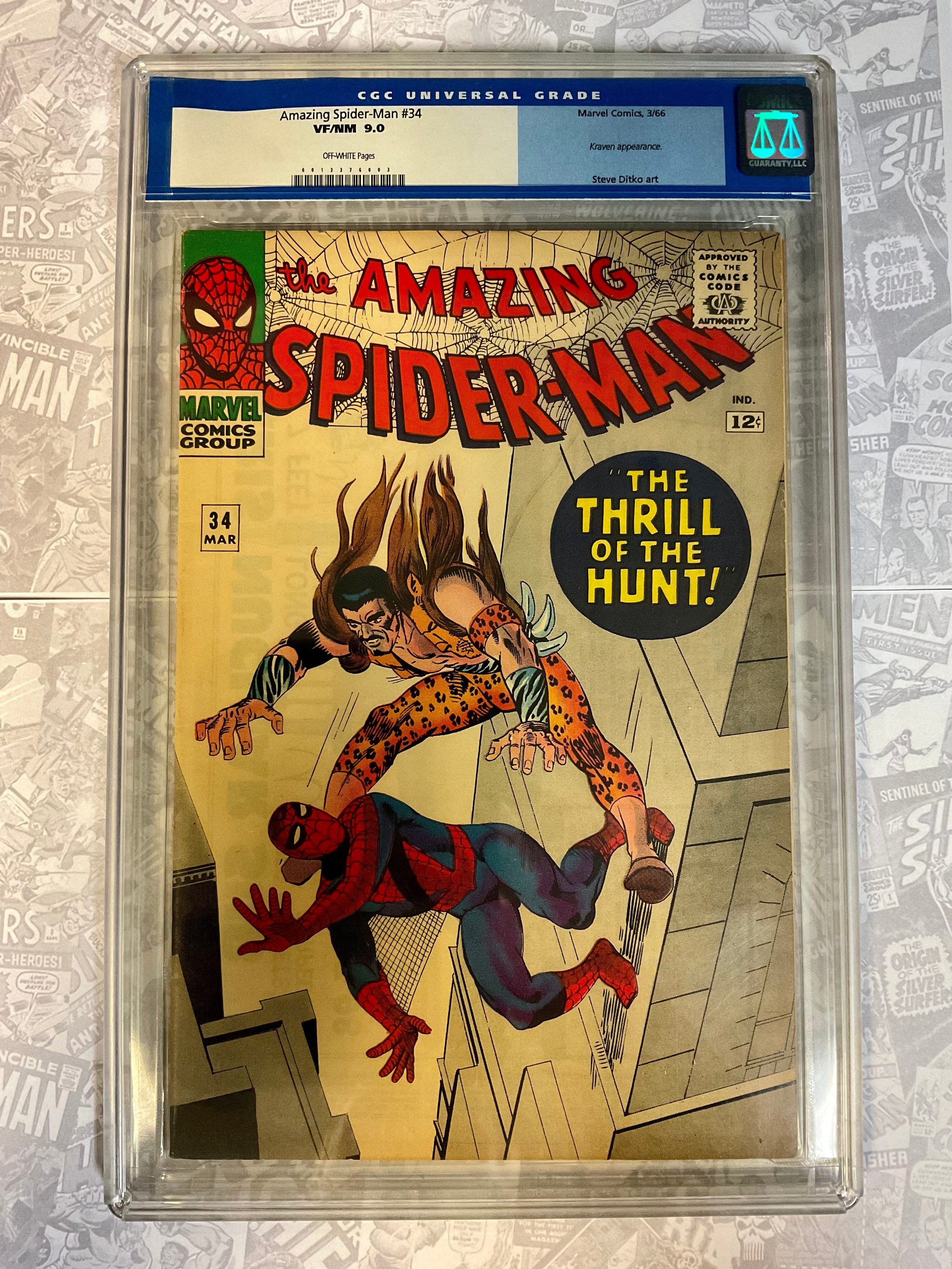 The Amazing Spider-Man #34 (1966). CGC Graded 9.0 VF/NM. Kraven appearance, Steve Ditko Artwork. Silver Age Marvel Comic.