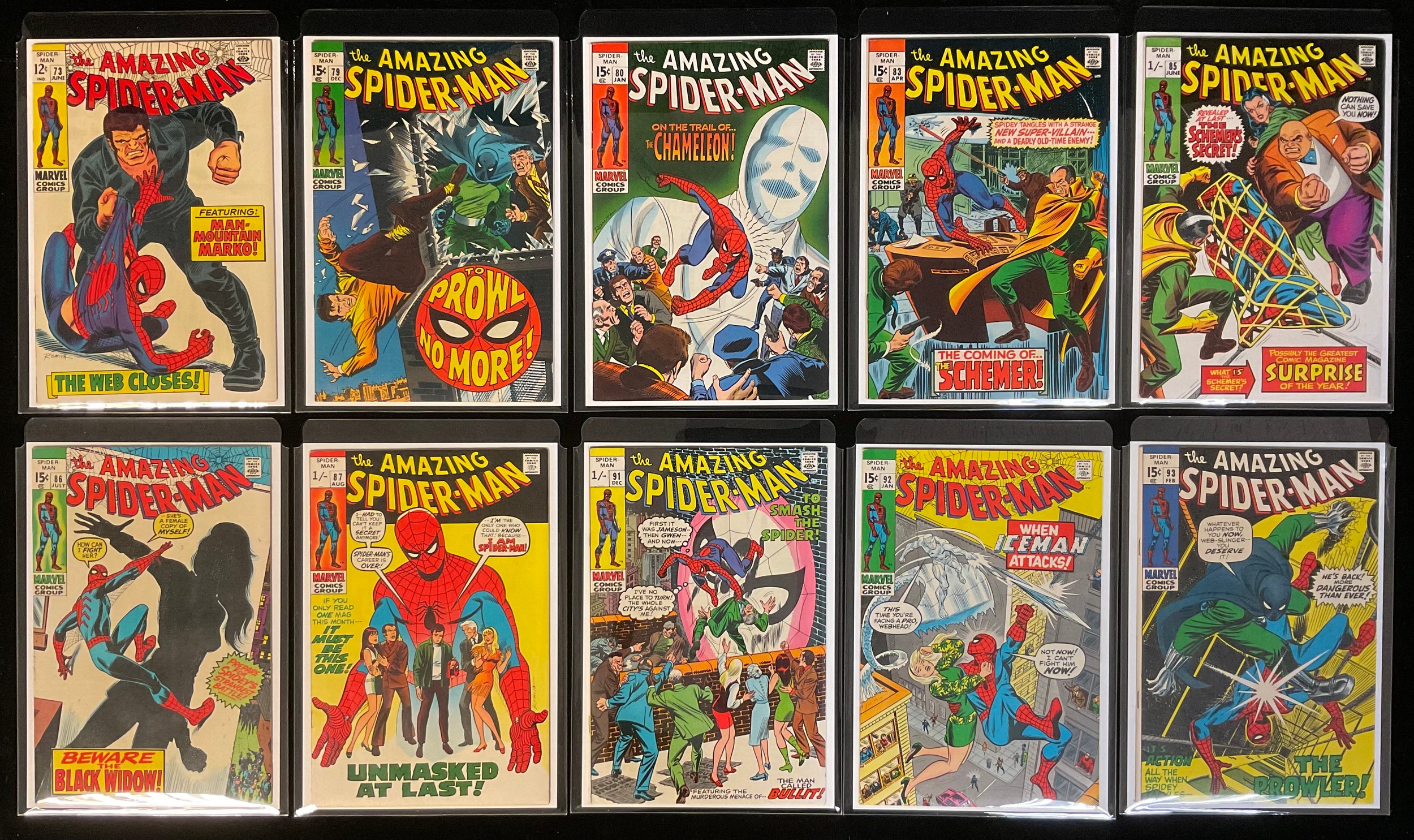 The Amazing Spider-Man issues: #72, #79, #80, #83, #85-87, 91-93. (1969-71). High grade cents copies. John Romita Artwork. Bronze Age Marvel Comics. (10).