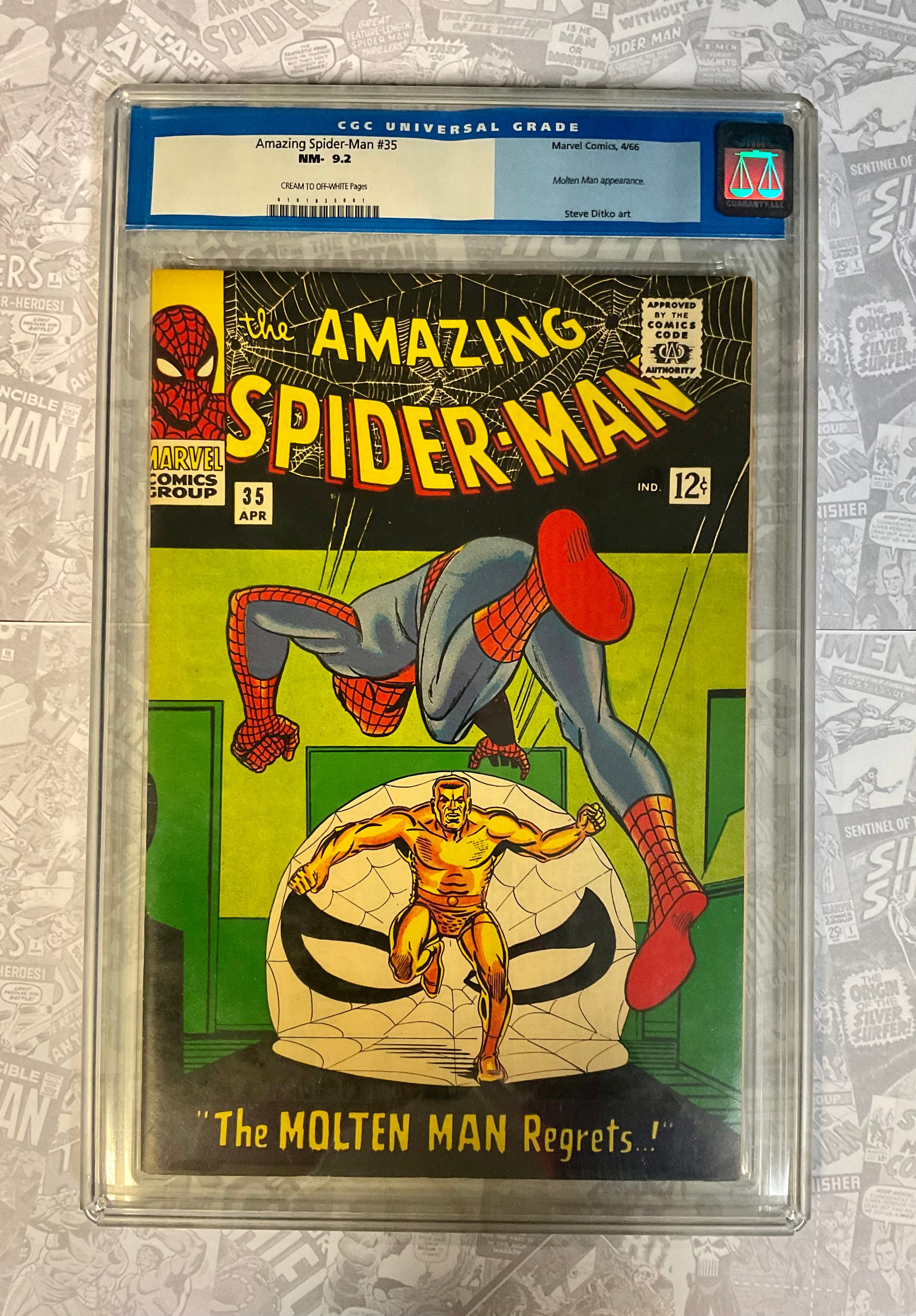 The Amazing Spider-Man #35 (1966). CGC Graded 9.2 NM-. Steve Ditko Artwork, Molten Man Appearance. Silver age Marvel Comic.