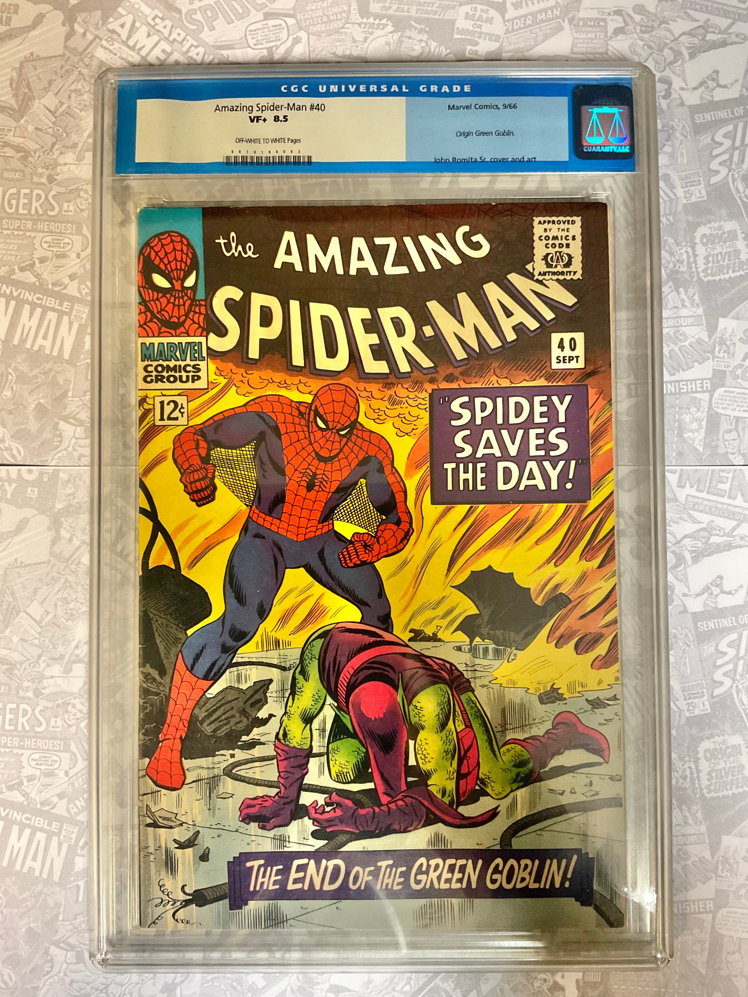 Amazing Spider-Man #40 (1966). CGC Graded 8.5 VFN+. Origin of Green Goblin. John Romita Snr Cover art. Silver age Marvel Comic.