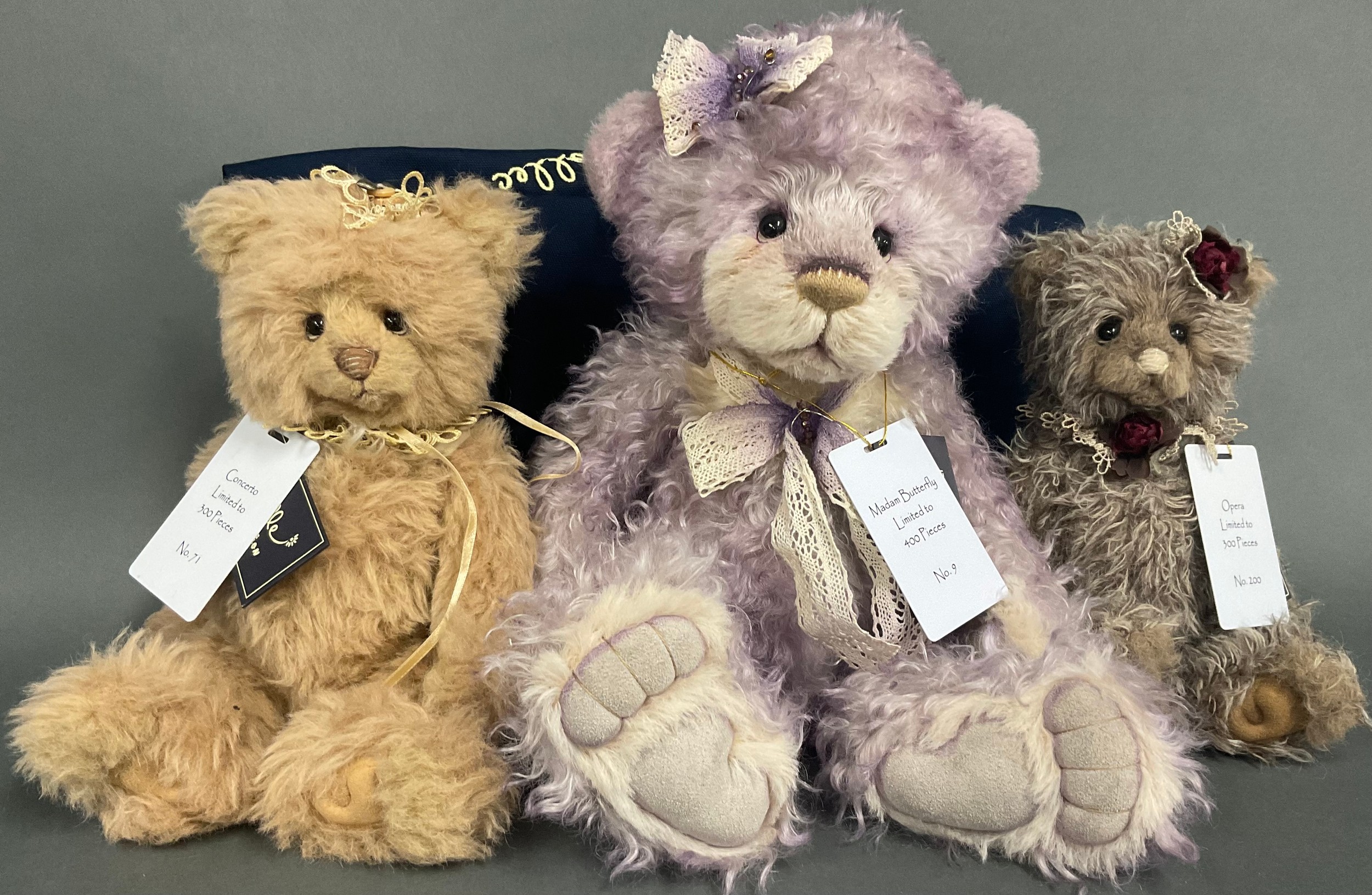 Artist Bears - Charlie Bears, The Isabelle Collection, Madame Butterfly, limited edition 9/400, 40cm, certificate, tags attached, blue tote bag; others, Concerto, limited edition 7/300, 30 cm, certificate, tags attached, blue tote bag; Opera, limited edition 200/300, 29cm, certificate, tags attached (3)