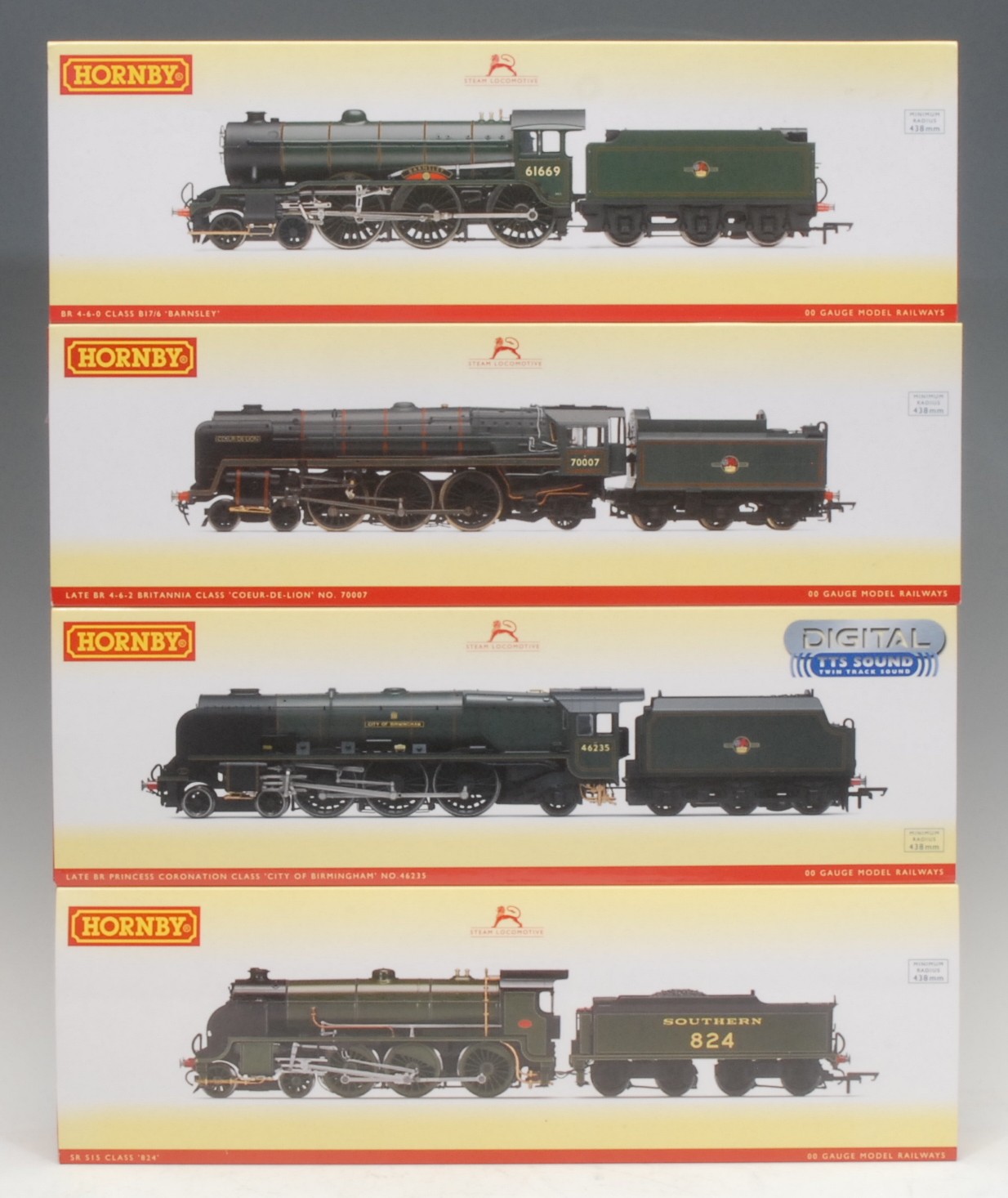 Hornby Model Railways - R3003 BR 4-6-0 Class B17/6 'Barnsley' locomotive, 00 gauge, boxed and outer sleeve; R3520 Late BR 4-6-2 Britannia Class 'Coeur-De-Lion' locomotive, 00 gauge, boxed and outer sleeve; R3327 SR S15 Class '824' locomotive, 00 gauge, boxed and outer sleeve; R3509TTS Late BR 4-6-2 '46235' Princess Coronation Class 'City of Birmingham' locomotive, 00 gauge, boxed and outer sleeve (4)